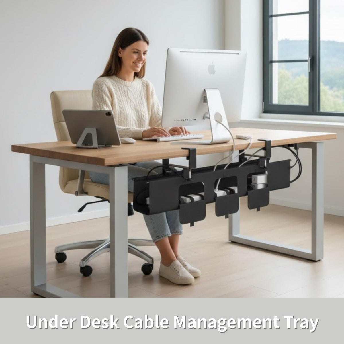 Nyoria Under Desk Cable Management Tray, 36” Fabric No Drill Clamp Mount Cord Organizer for Desk, Heavy Duty Wire Management for Office Home, Black