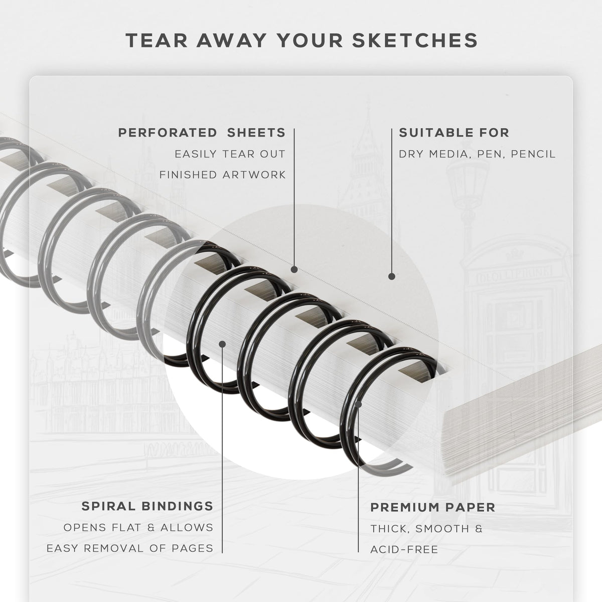 BEECHMORE BOOKS 5.6"x8.5" Spiral Sketchbook – 140 GSM Acid-Free Paper, 100 Perforated Pages, A5 Art Sketch Pad for Drawing & Sketching, Artists, Adults