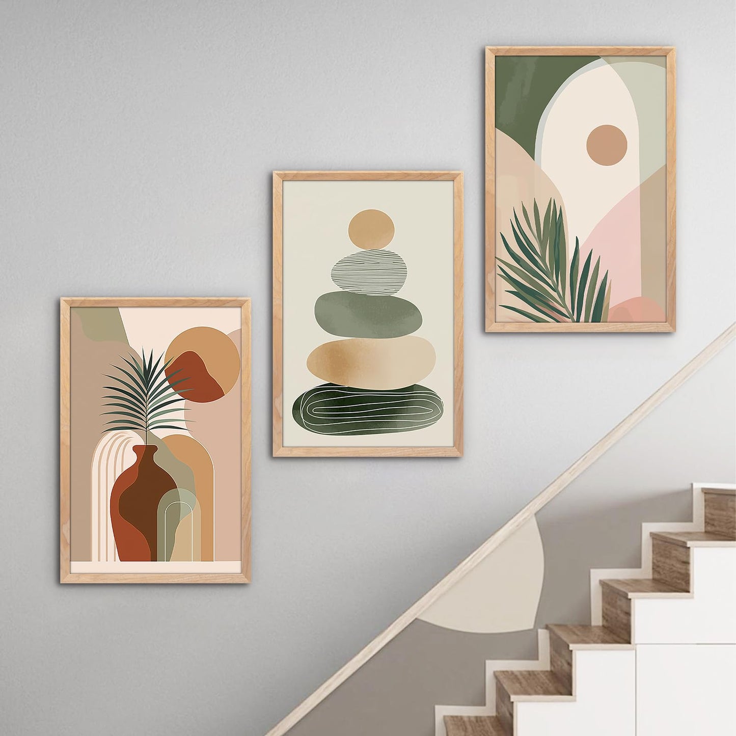 Sage Green Boho Wall Art, Framed Wall Decor for Living Room, 3 Piece Wall Art Decor, Mid Century Modern Minimalist Wall Art for Bedroom, Dining Room, Hotel, Office 24X36IN