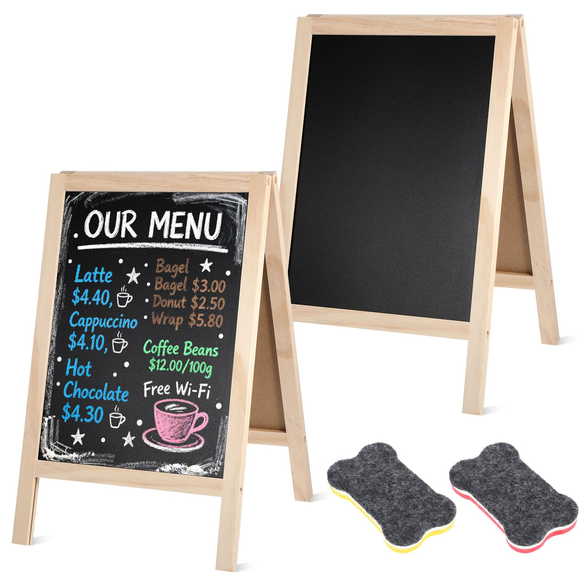 2 Pcs Chalkboard Easel, with 2 Erasers, 15.7x9.8 in Tabletop Stand Chalkboards, Double-Sided A Frame Chalkboard Sign, Tabletop Menu Wooden Board, for Menu, Kitchen, Restaurant, Bar, Wedding, Home Dec