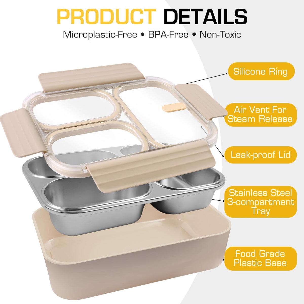 AOEDEO Stainless Steel Lunch Box, 3 Compartments Metal Bento Box for Kids, 25oz Lunch Container with Leakproof Lid, Divided Meal Prep Box for Adults, Kids - Ideal for Office, School, Healthy Eating