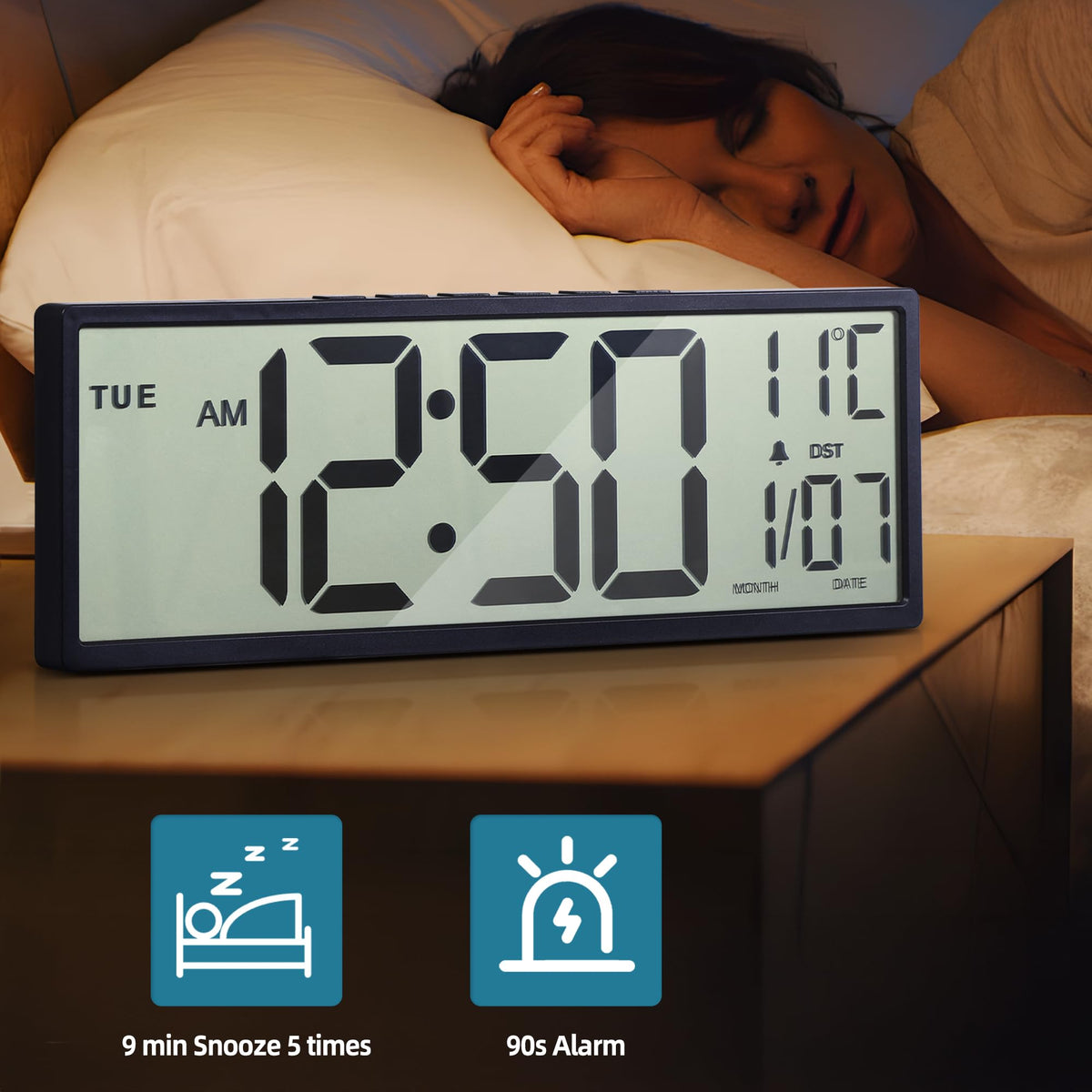 Henescribe 15" Large Digital Wall Clock Battery Operated Black, Clock with Large Display Numbers, Calendar, Auto DST, Clocks for Living Room, Kitchen, Office, Bedroom