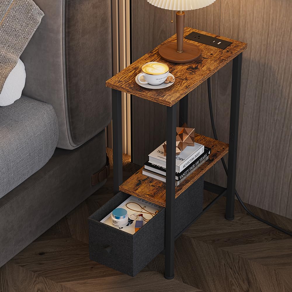 VIMBER Narrow Side Table for Small Spaces, Skinny End Table with Charging Station, Sofa Beside Table with 1 Drawer 1 Open Compartment, Slim Nightstand with USB Ports Outlet, Rustic and Brown