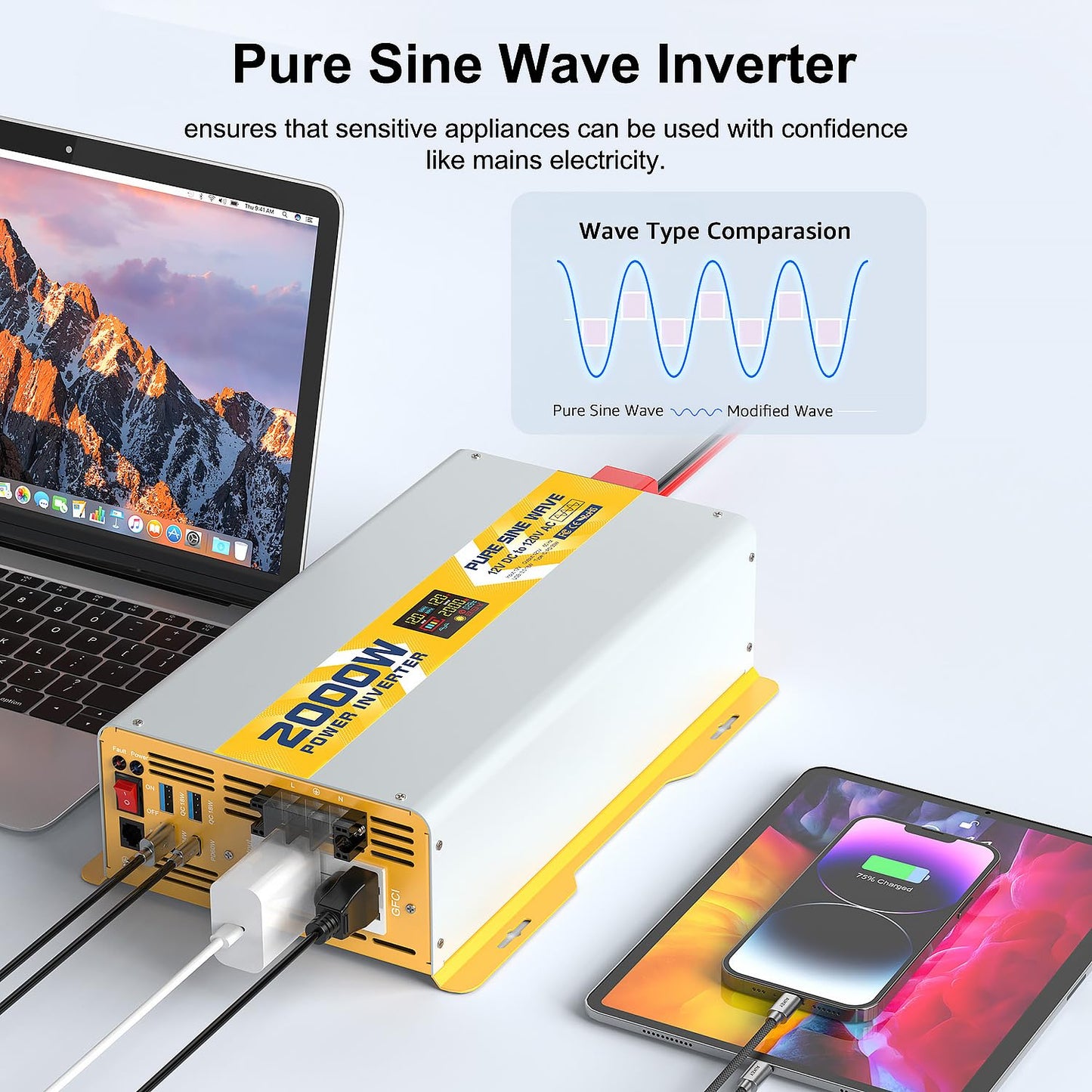 XWJNE 2000W Pure Sine Wave Power Inverter 12V DC to 120V GFCI AC Converter with LCD Display and Remote for Home, RV, Truck, Off-Grid Solar Power