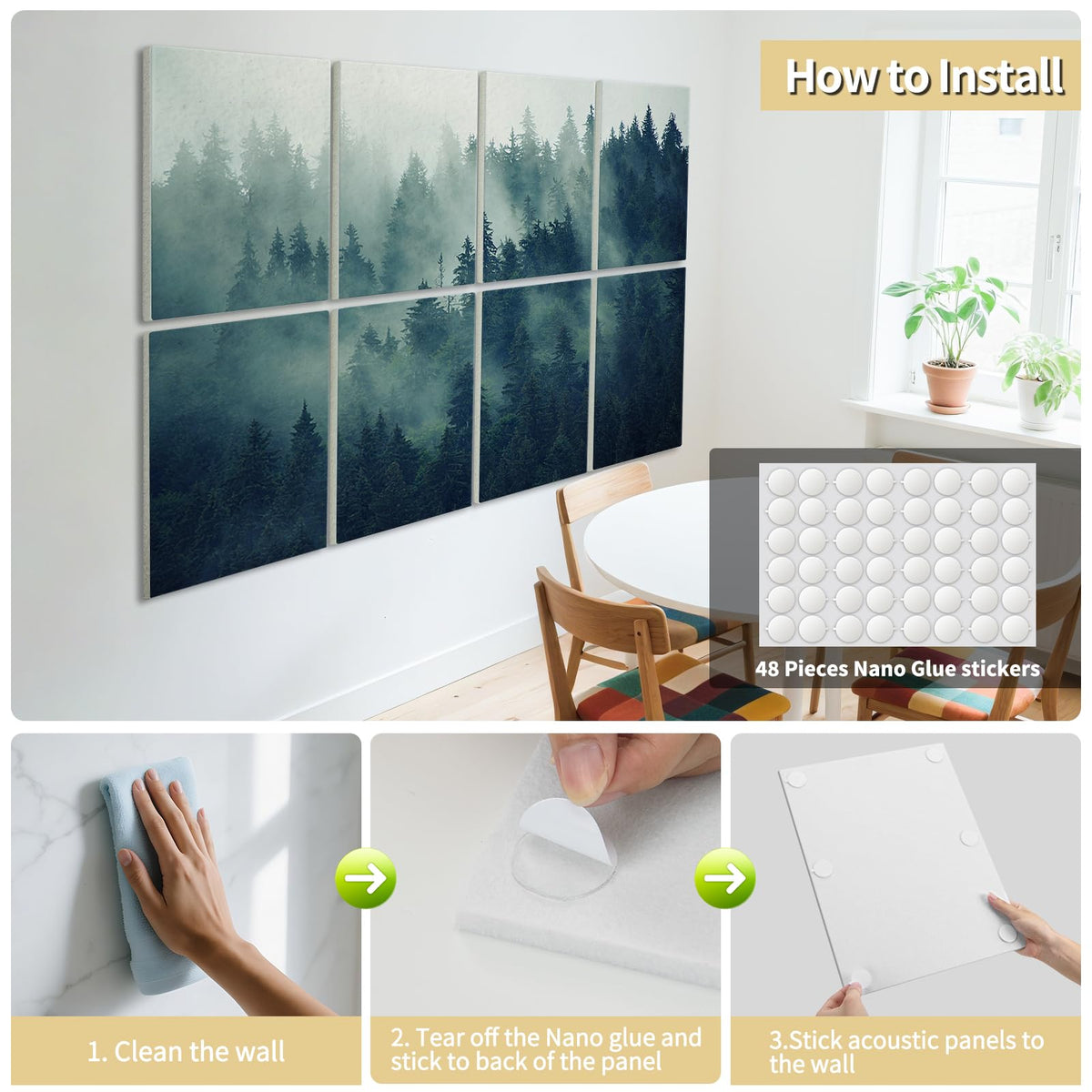 Art3d Soundproof Wall Panels 48"x32", 8-Pack Acoustic Wall Art Panels, Sound Absorbing Decorative Wall Panels for Living Room, Bedroom, Kitchen, Studio, Polyester UV Print