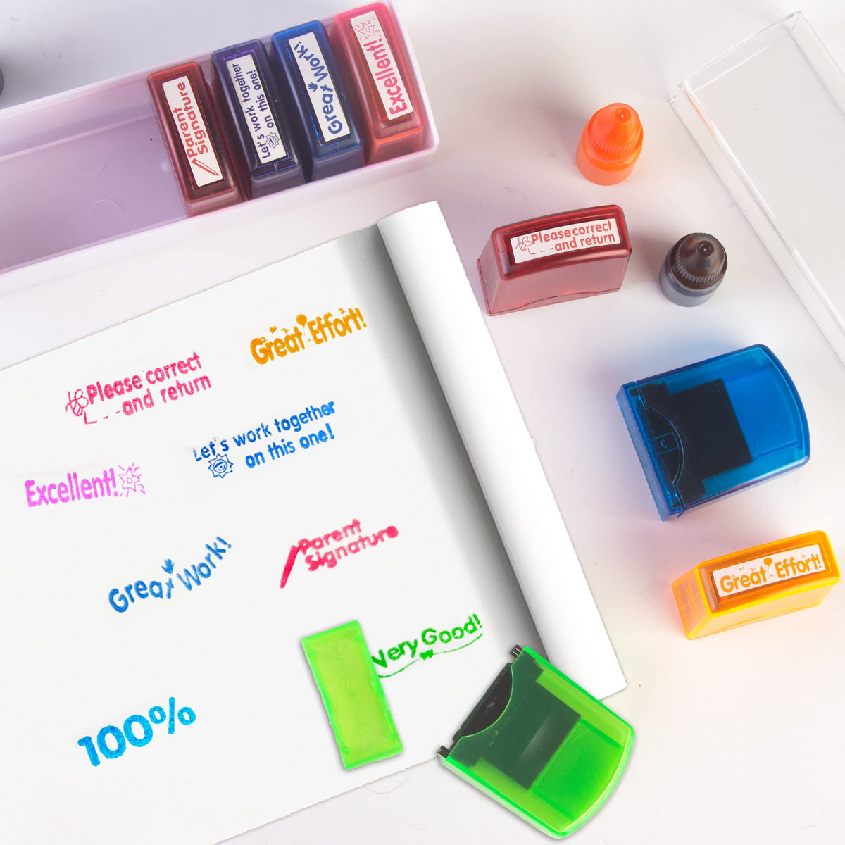 8PCS Self Inking Teacher Stamps Set in 8 Colors with Different Rewarding Comments, Teacher Stamps with Tray, Teacher Supplies for Homework Grading School Classroom Supplies