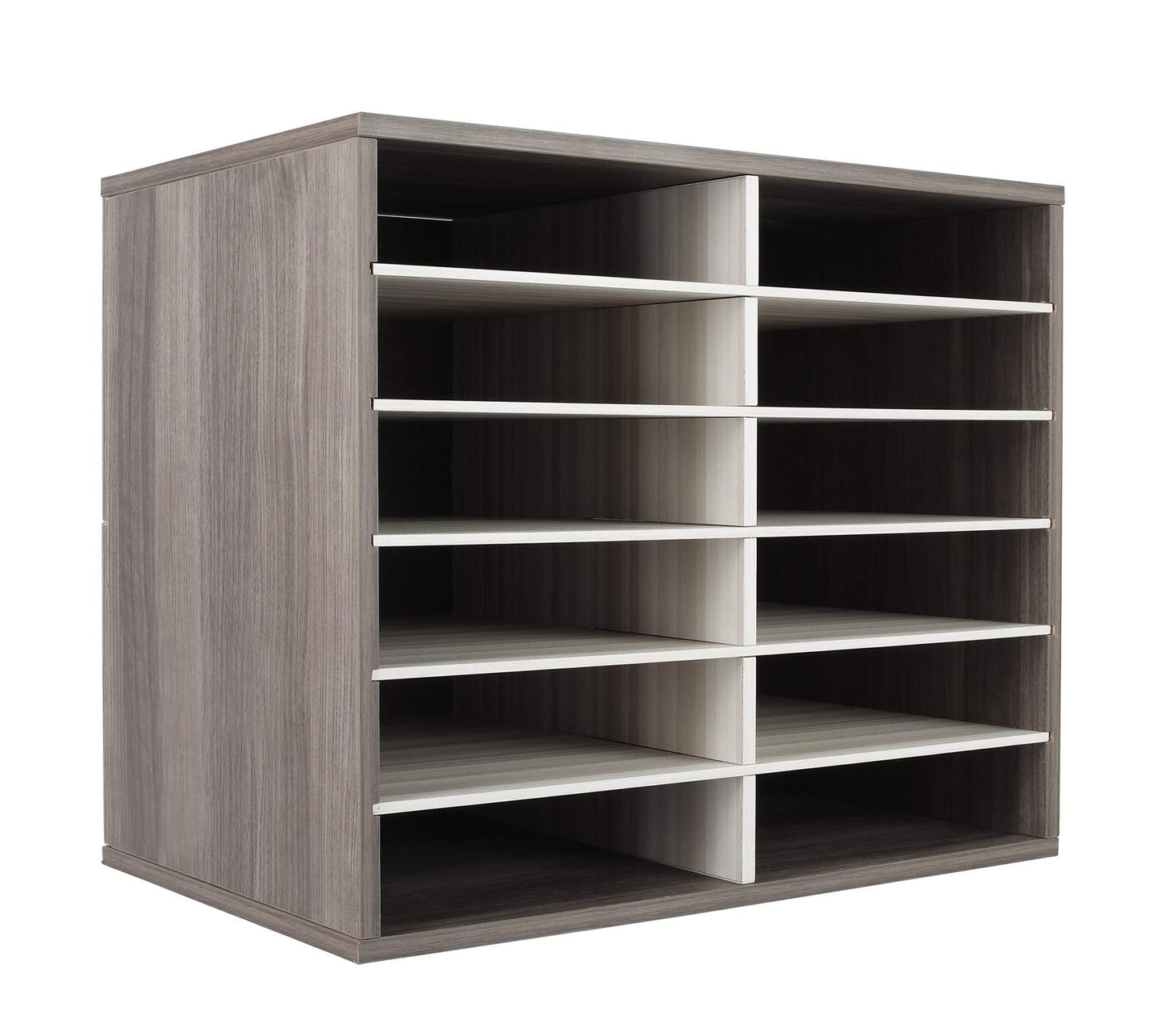 TQVAI Wood Literature Organizer, 12 Slots Hold 6000 Sheets A4 Papers, Wooden Desk Paper File Storage Organizer with Adjustable Shelves, Mailbox Cubbies for Office Home Classroom, Retro Grey/White