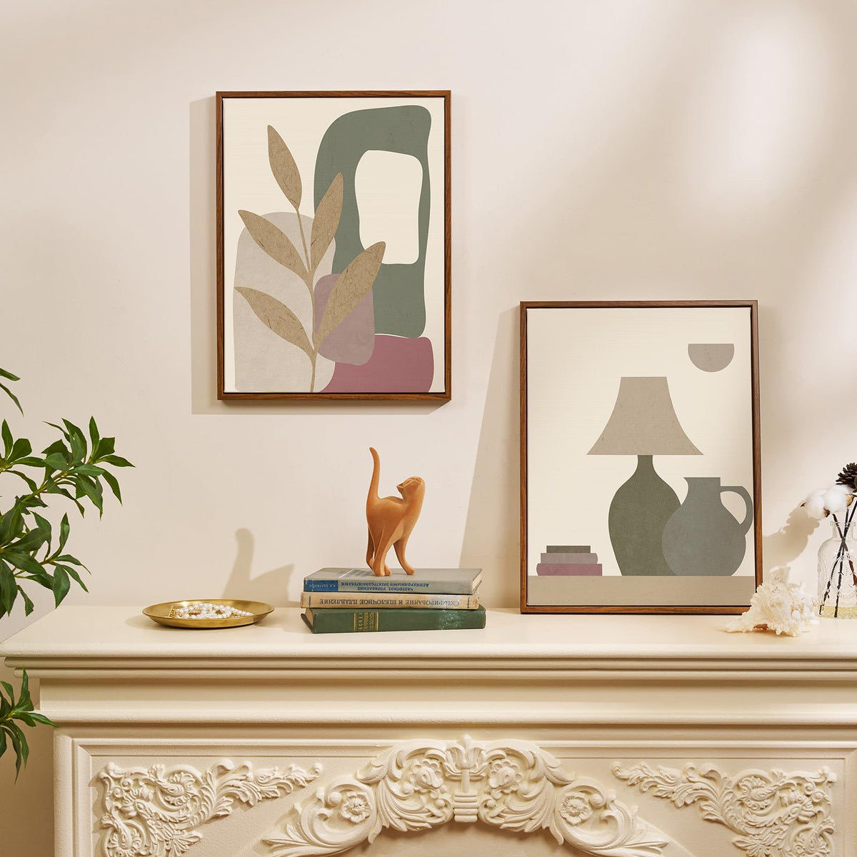 Framed Minimalist Botanical Wall Art, Set of 2 Neutral Boho Canvas Prints with Leaf and Geometric Motifs, Soft Earth Tone Artwork for Modern Farmhouse, Office, Dining Room Decor, 12x16 Inch