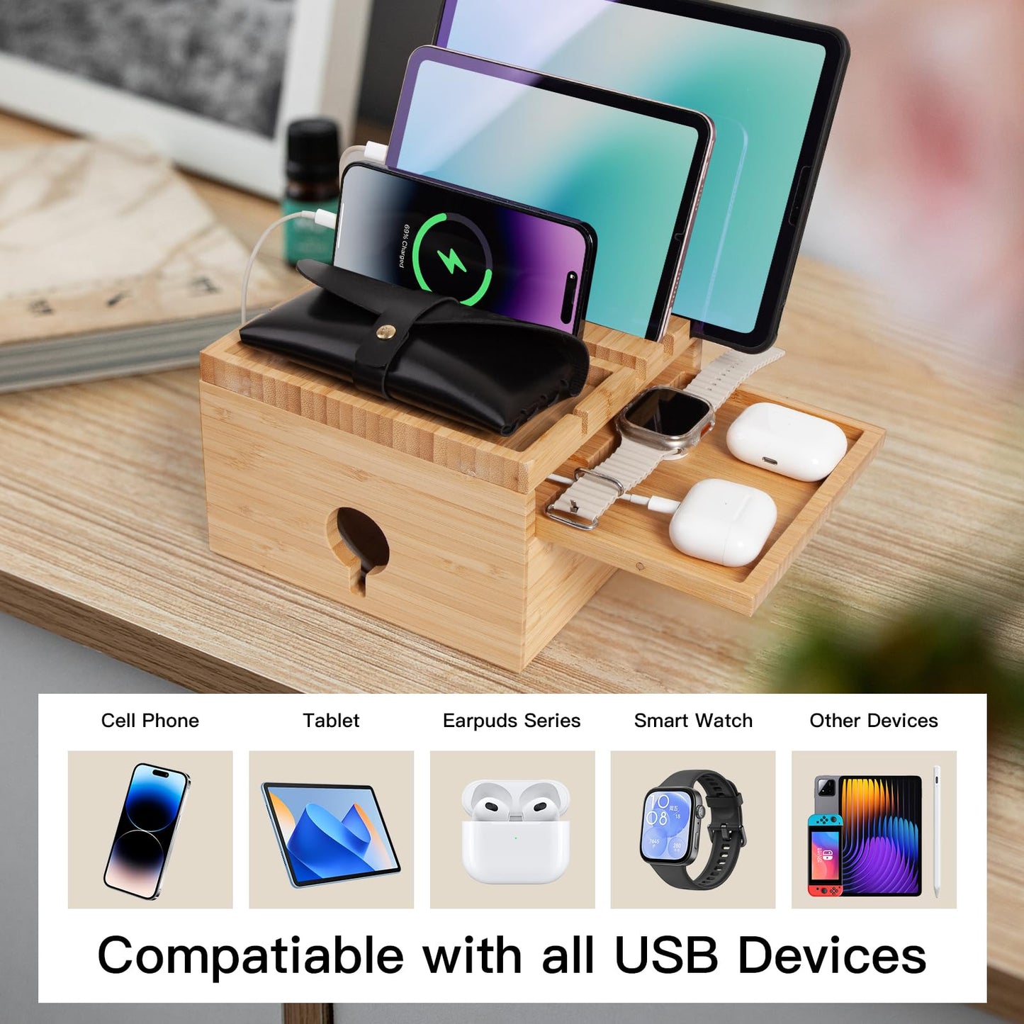 Bamboo Charging Station for Multiple Devices, Nightstand Docking Station with Small Tray, Desktop Wood Charger Organizer, Compatible with Cell Phone, Tablet, Earphones (No USB Charger and Cables)