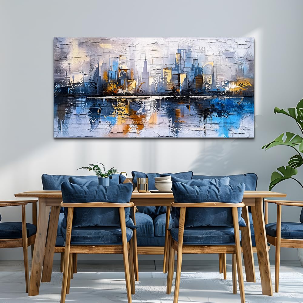 KELIYUAN Abstract City Oil Painting Large Home Decor Mural Living Room Bedroom Modern Printed Canvas Wall Art Yellow Blue Graffiti Mural Office Corridor Can Be Directly Hung Wall Decor 24 X 48 In