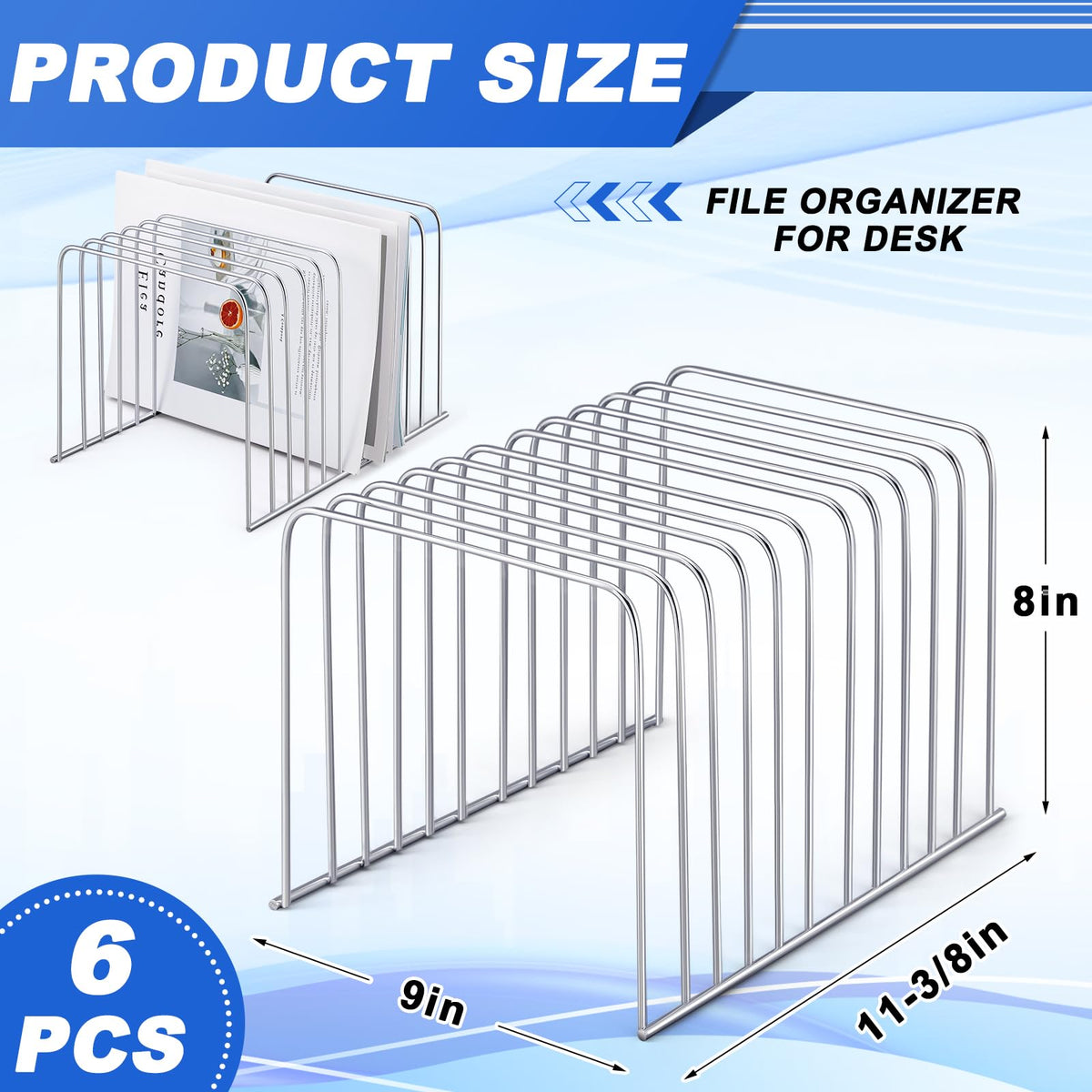 Chivertion 6 Pcs Desktop Organizer Wire Desk File Organizer Vertical Metal Stand up File Stand for Office Home, 11 Sections (Silver)