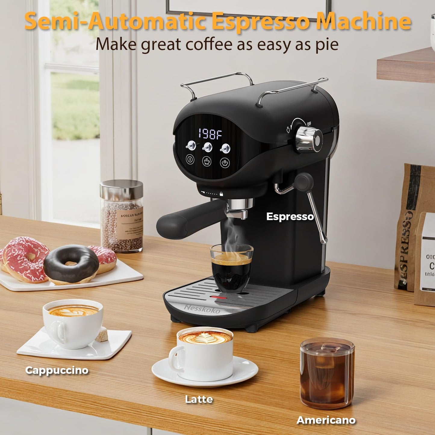 Nesskoko Espresso Machine with Steam Milk Frother Semi Automatic 20 Bar Compact Black with Toggle Switch for home Cafetera Espresso, Latte, Cappuccino, Americano, Macchiato
