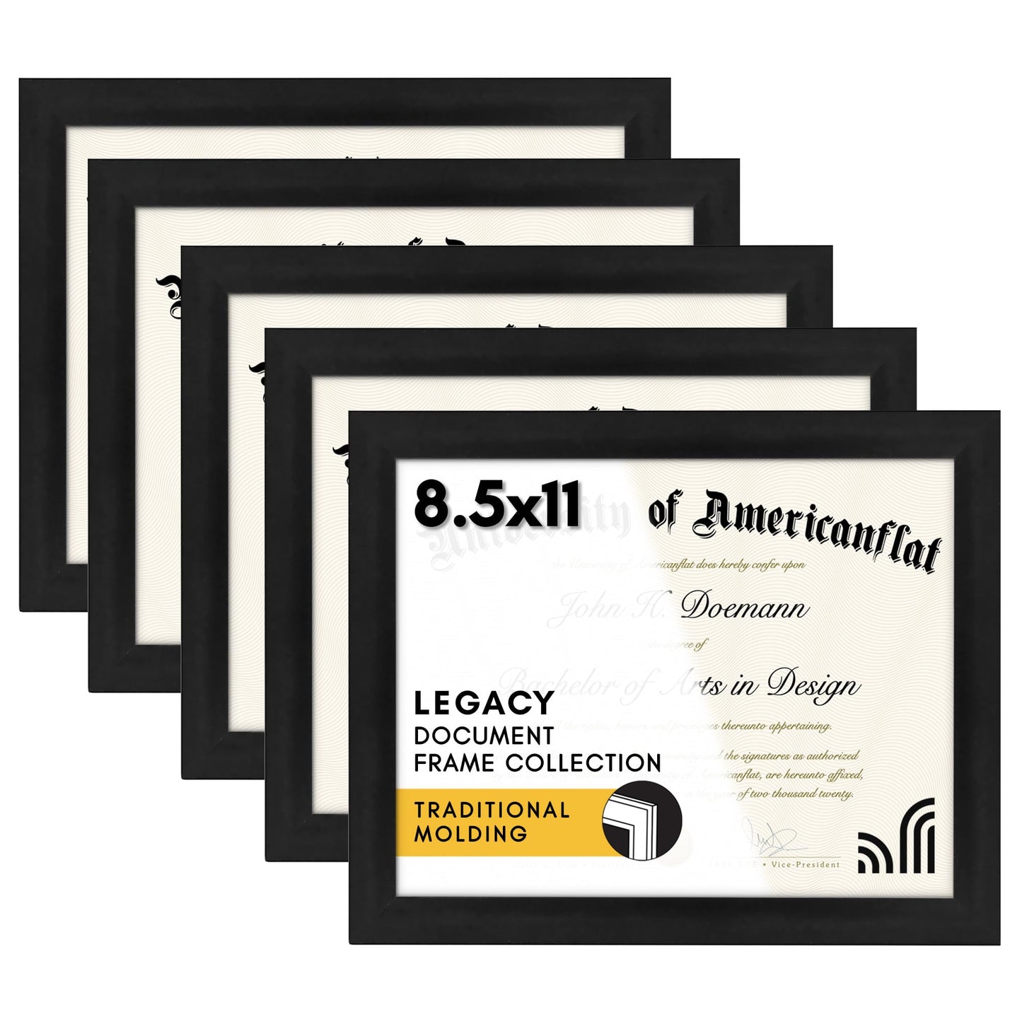 Americanflat 8.5x11 Picture Frame with Polished Plexiglass - Set of 5 - Legacy Collection - Certificate Frames for Tabletop and Wall Display - Black