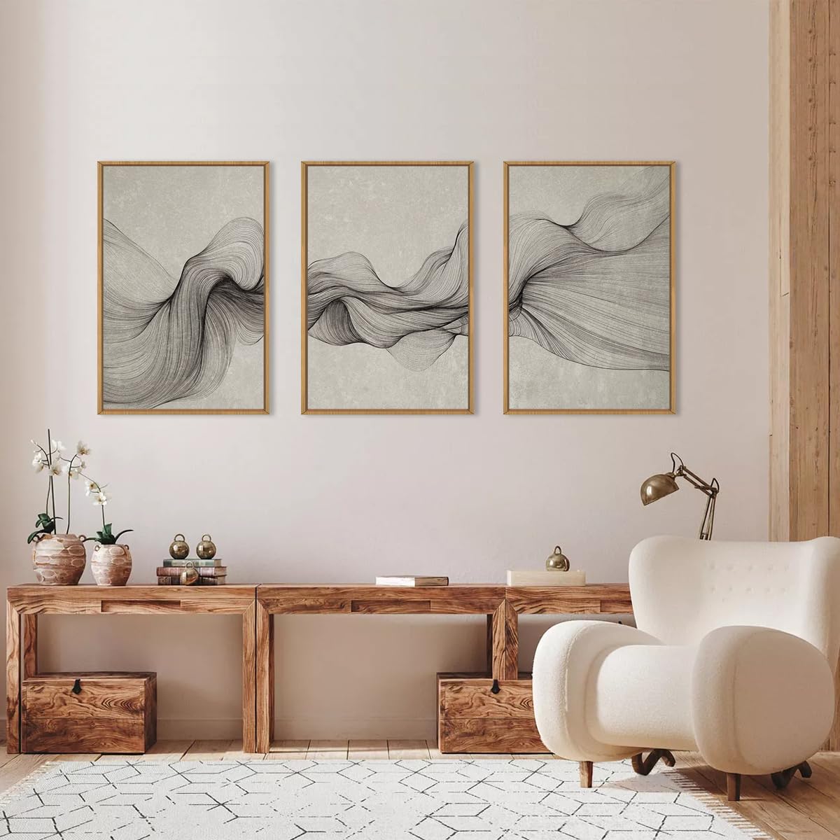 Aurlan Large Black Beige Neutral Abstract Framed Canvas Wall Art Set, Modern Black Wave Lines Wall Decor,Minimalist Smoke Ink Shapes Artwork for Living Room,Bedroom,Office-24 x36 x3