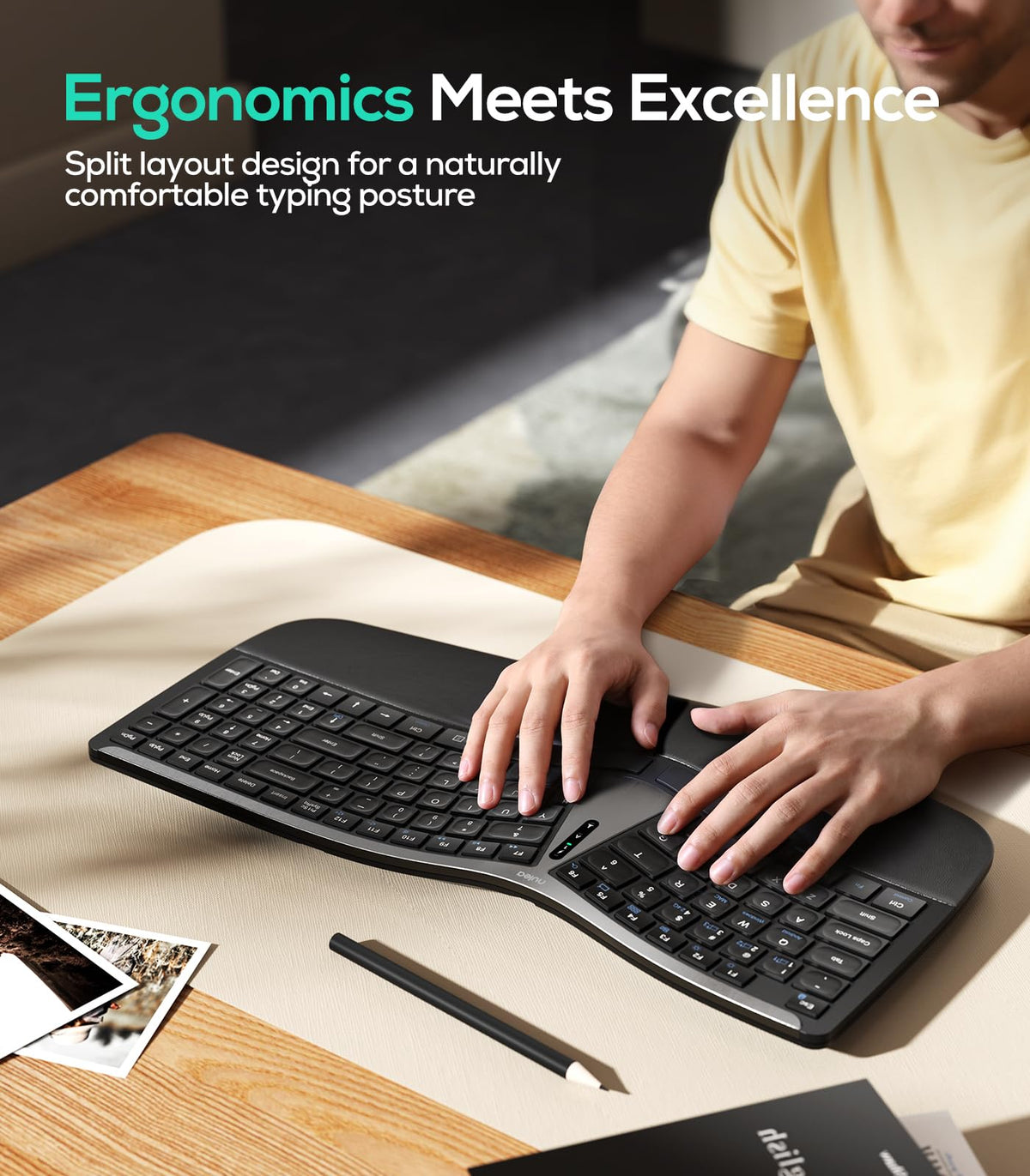 Nulea RT07B Wireless Ergonomic Split Keyboard, Wrist Rest, Natural Typing, Bluetooth and USB Connectivity, USB-C Rechargeable,Compatible with Windows Mac (Silver Black)