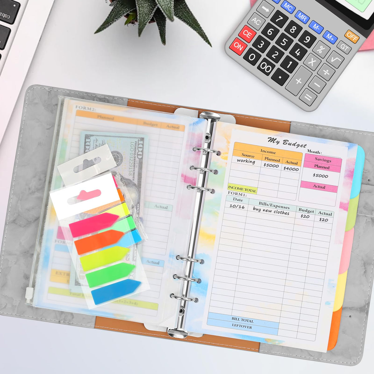 Toplive 7 Pack A5 Planner Inserts Monthly Weekly Planner Refills Paper 6 Ring Expense Budget Sheets with Cash Envelopes Divider Ruler Stickers, for A5 Planner Binder Cover, Colorful