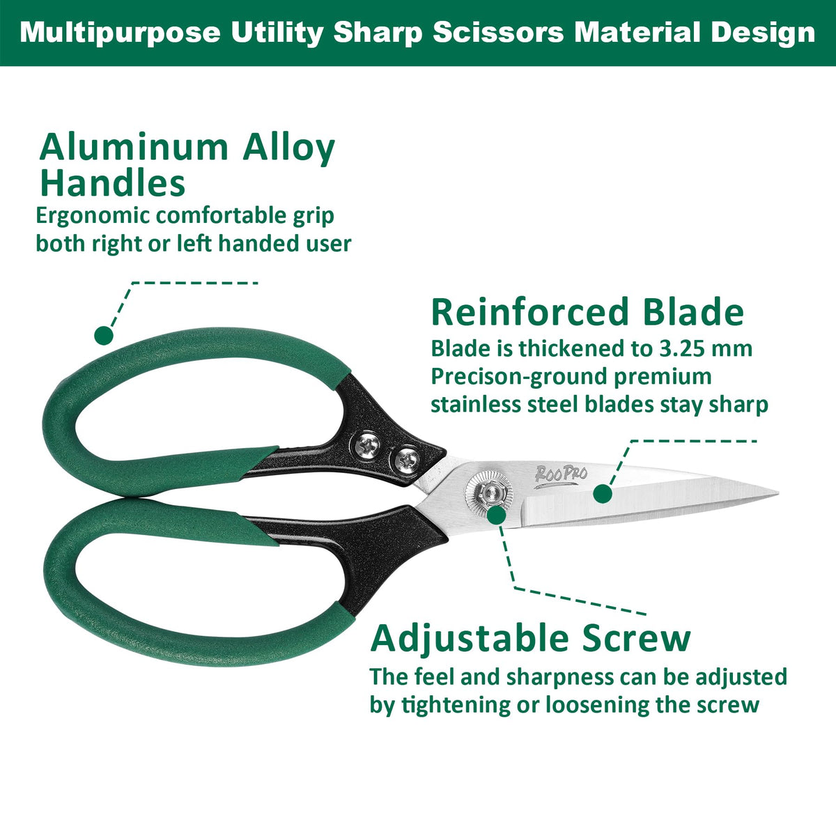 RooPro Heavy Duty Scissors All Purpose, 8.5 inch Stainless Steel Utility Sharp Shears, Aluminum Alloy Handle for Cutting Cardboard,Carpet,Fabric,Leather,Rope,Rubber,Plastic and Kitchen or Workshop Use