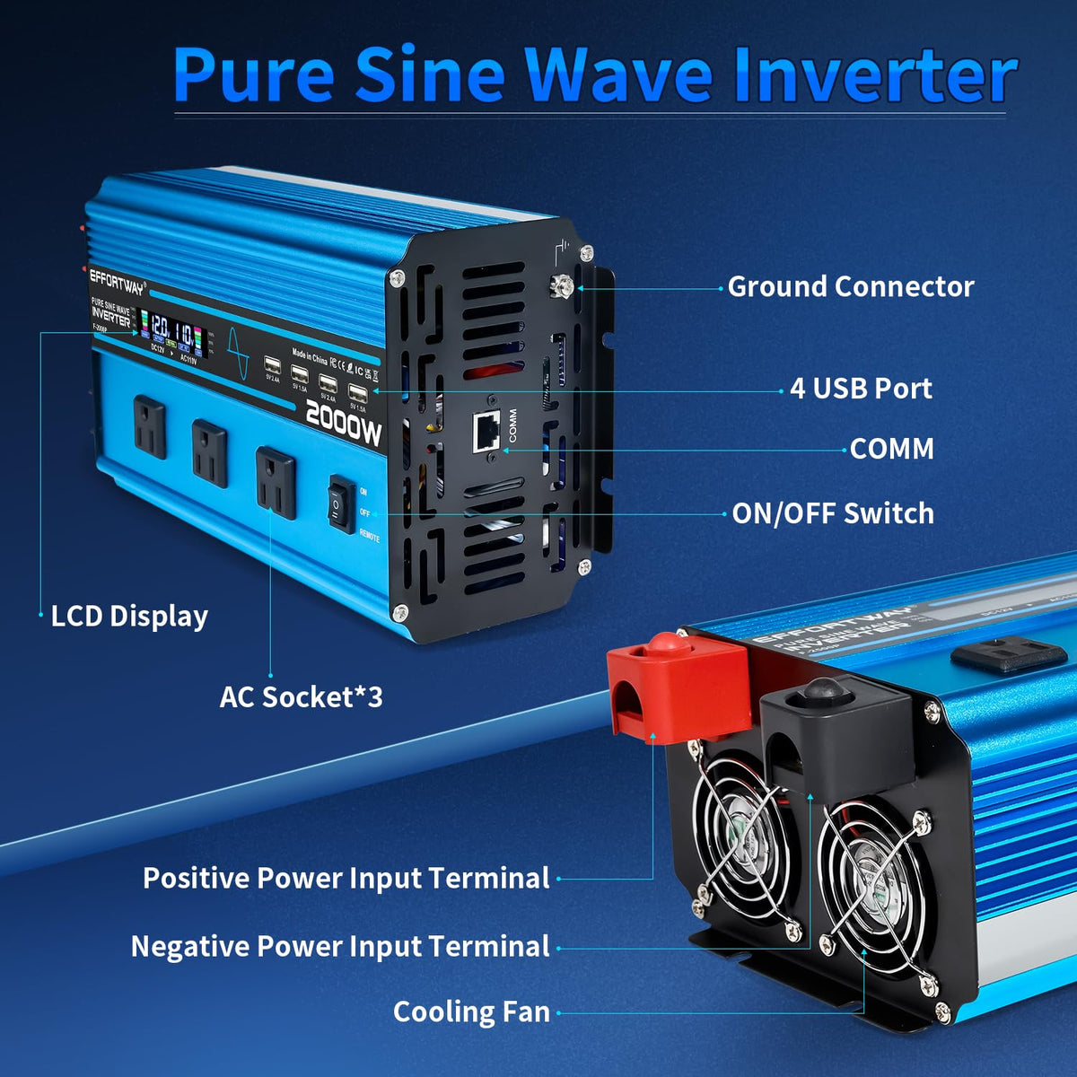 2000W Pure sine Wave Inverter 4000W (Peak) DC 12V to AC 110V/120V Converter with LCD Display Wireless/Wired Remote Control 3AC Outlets and 4USB for Camping RV Travel Off-Grid Solar Systems