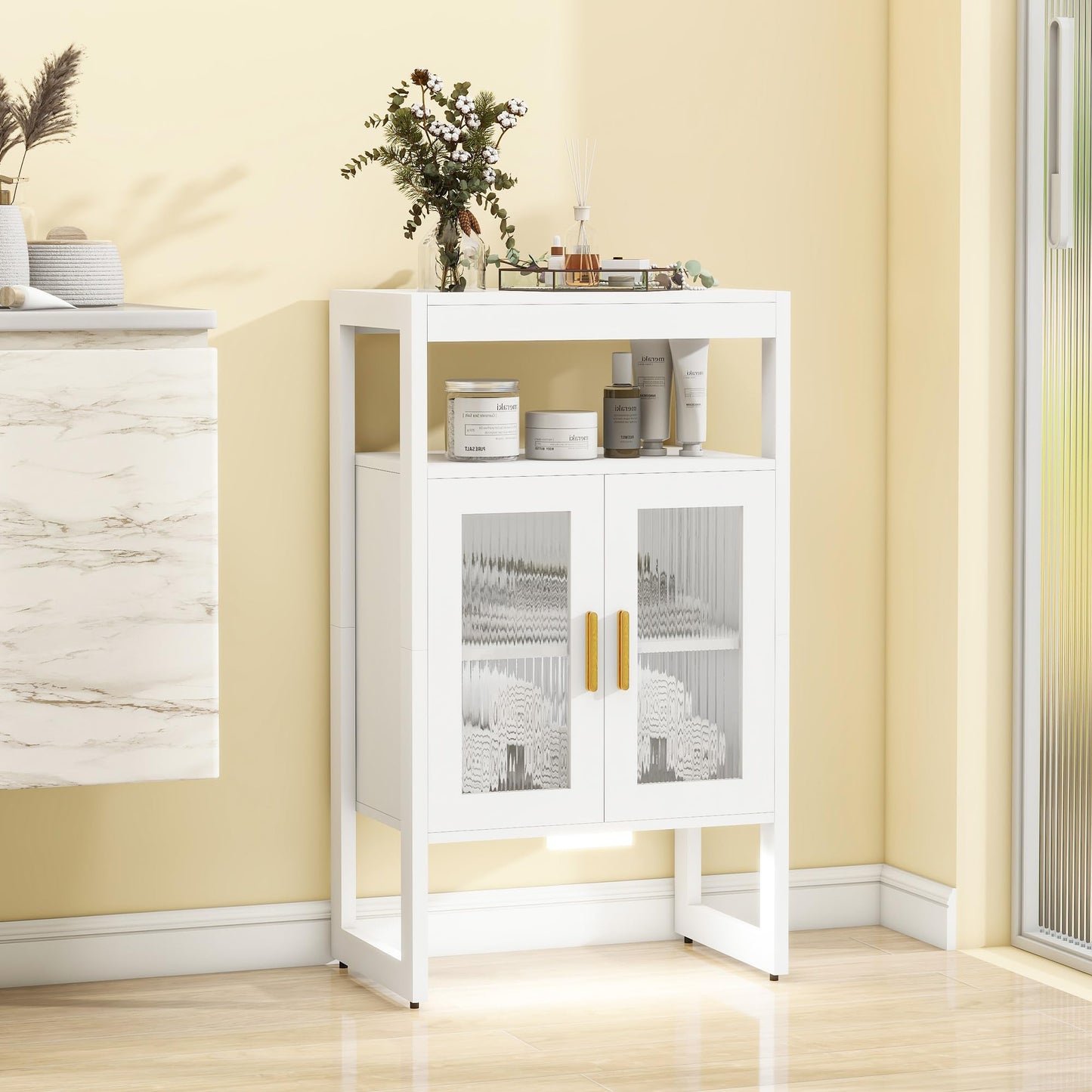 Edospaen Bathroom Floor Storage Cabinet Freestanding Organizer with Sensor Light & Acrylic Doors for Bathroom, Home Office, Bedside, Sofa Side Table
