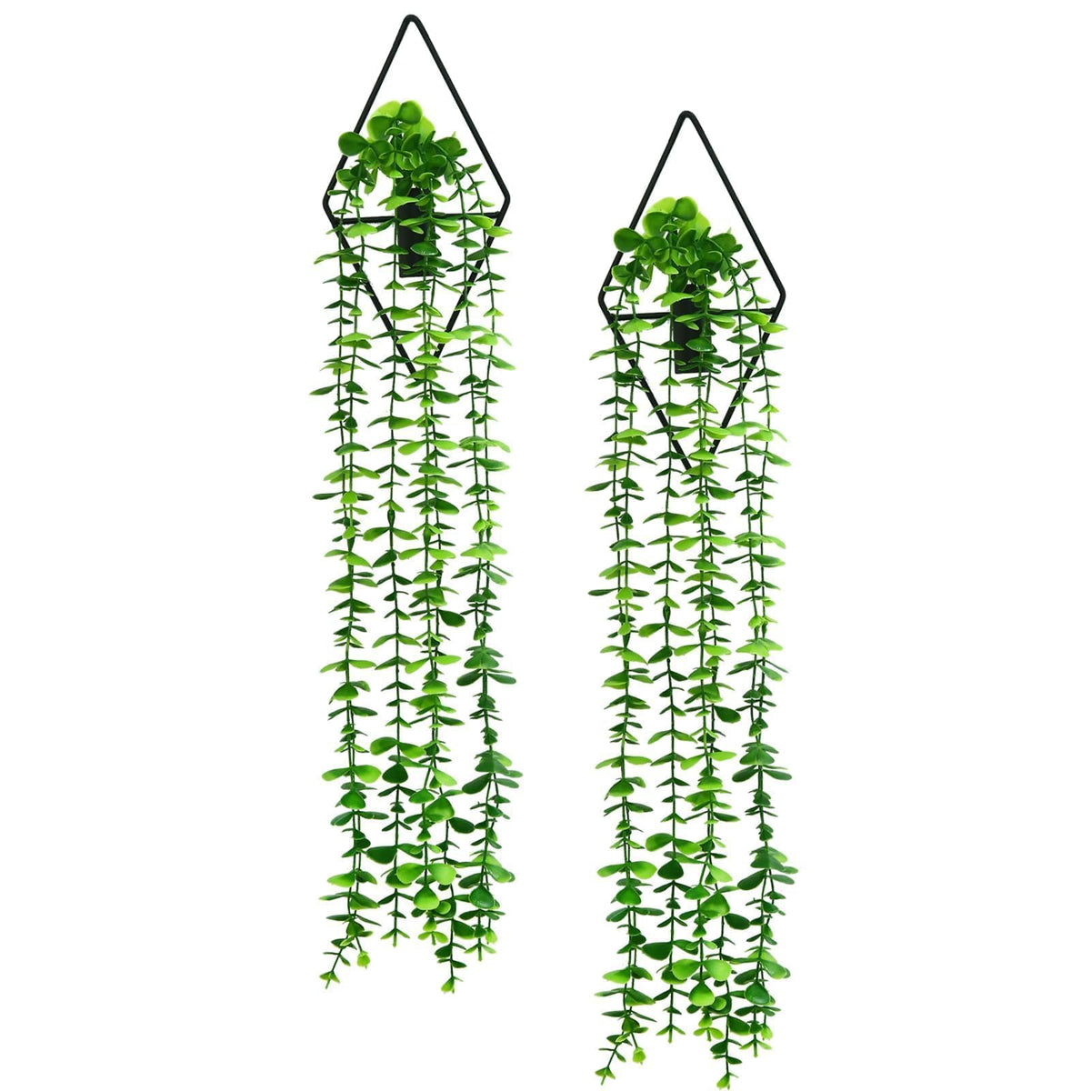 GREENTIME 2 Pack Fake Succulent Plants Hanging Artificial Ivy Vine with Black Diamond Metal Hanging Vase Faux Hanging Eucalyptus for Teacher Appreciation Living Room Bedroom Boho Kitche Wall Shelf