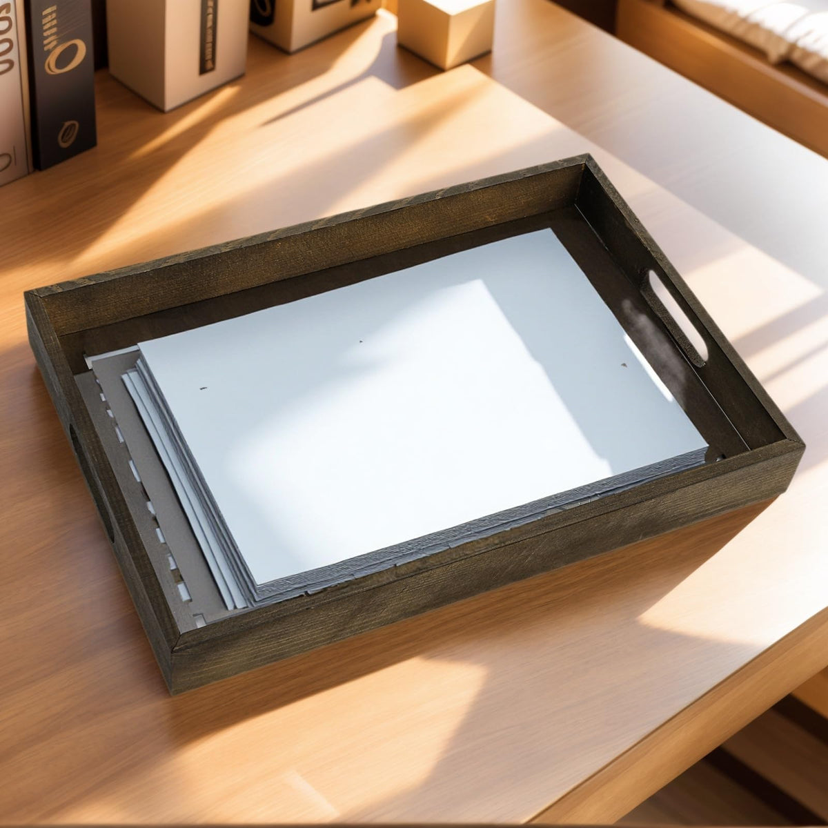 Pumtus Wood Letter Tray, 15x10 in Large Paper Holder, Desktop Letter Document Organizer with Handle, Decorative File Stationery Tray for Office Supplies, Entryway, Notebooks, Mails