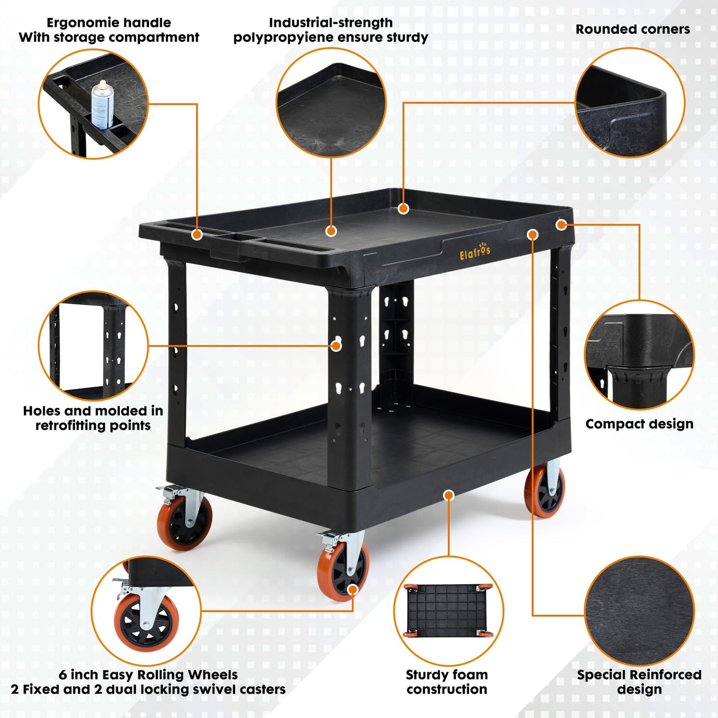 ELAFROS Extra Large Heavy Duty Utility Cart 39.9 x 24.6 Inch - Work Cart Big 2-Tier Plastic Rolling Service Cart with Deep Shelves, 6 Inch Casters, 550 lbs Capacity, Black
