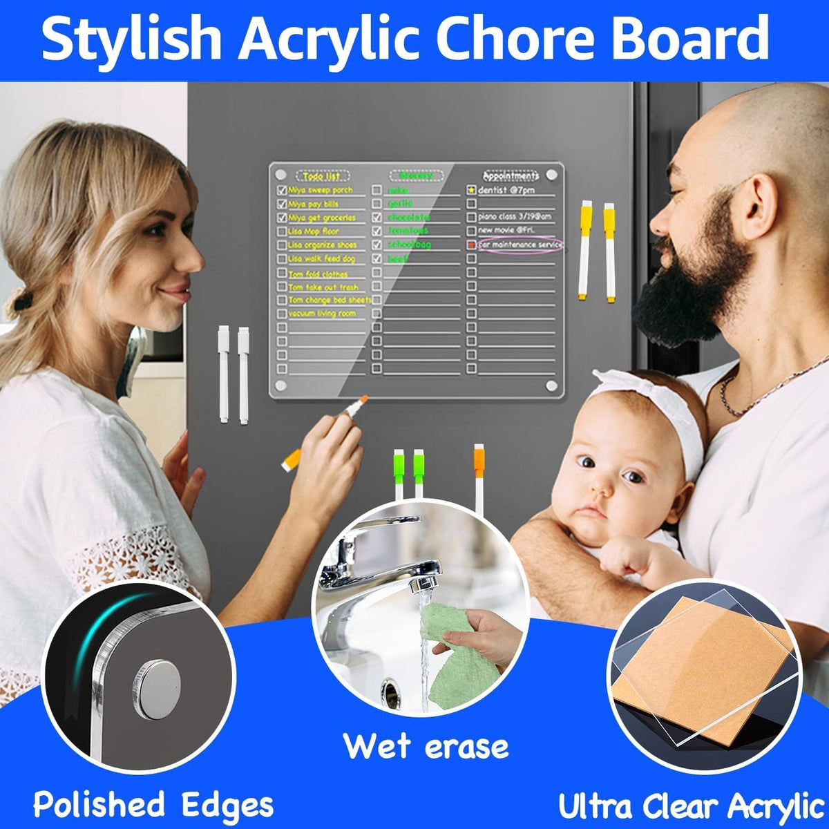 PigPotParty Acrylic Magnetic to Do List Whiteboard for Refrigerator, 12"x9.5" Clear Dry Erase Checklist White Board, Fridge Grocery List Magnet Pad, Magnetic Chore Chart w/ 8 Markers and 1 Towel