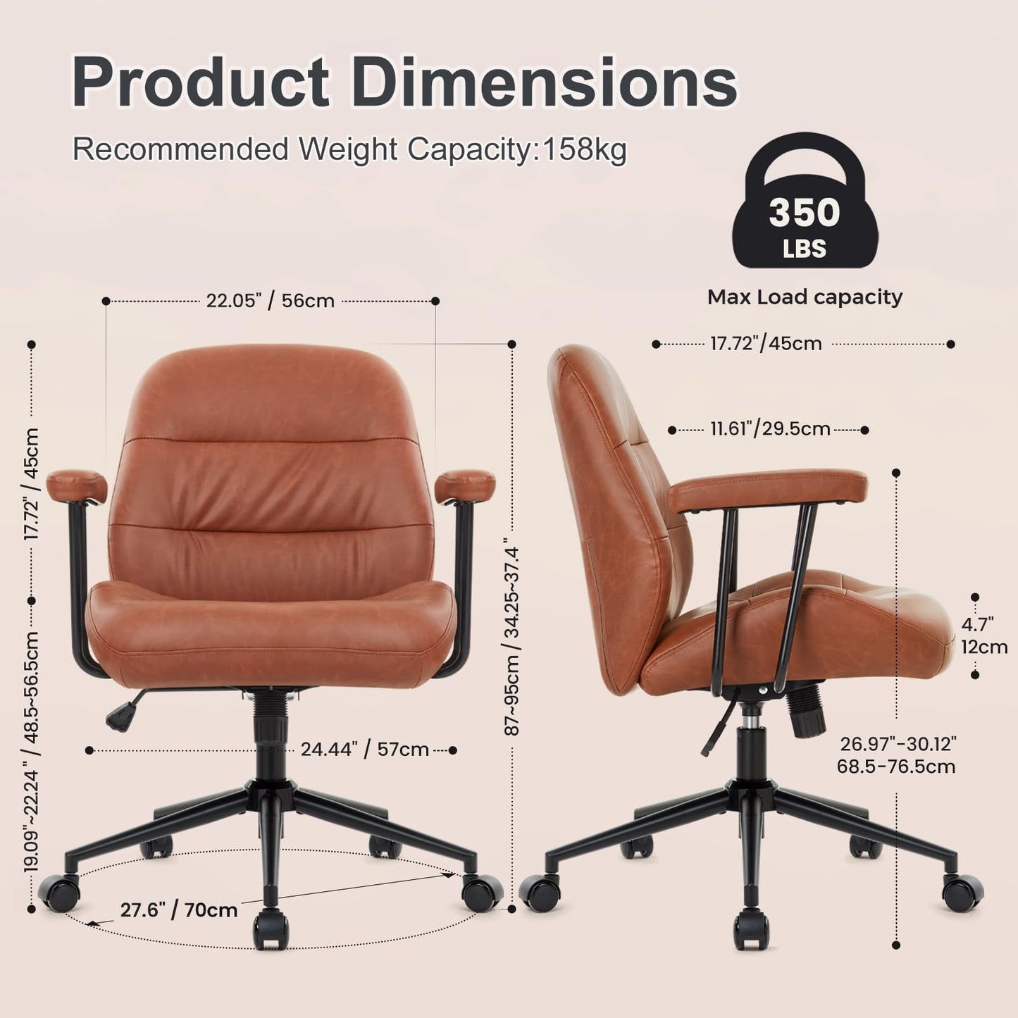 IWMH Leather Office Chair with Removable Armrests，Mid-Back Ergonomic Desk Chair with Lumbar Support，Adjustable Height 360° Swivel Executive Task Chairs for Home Office (Brown)