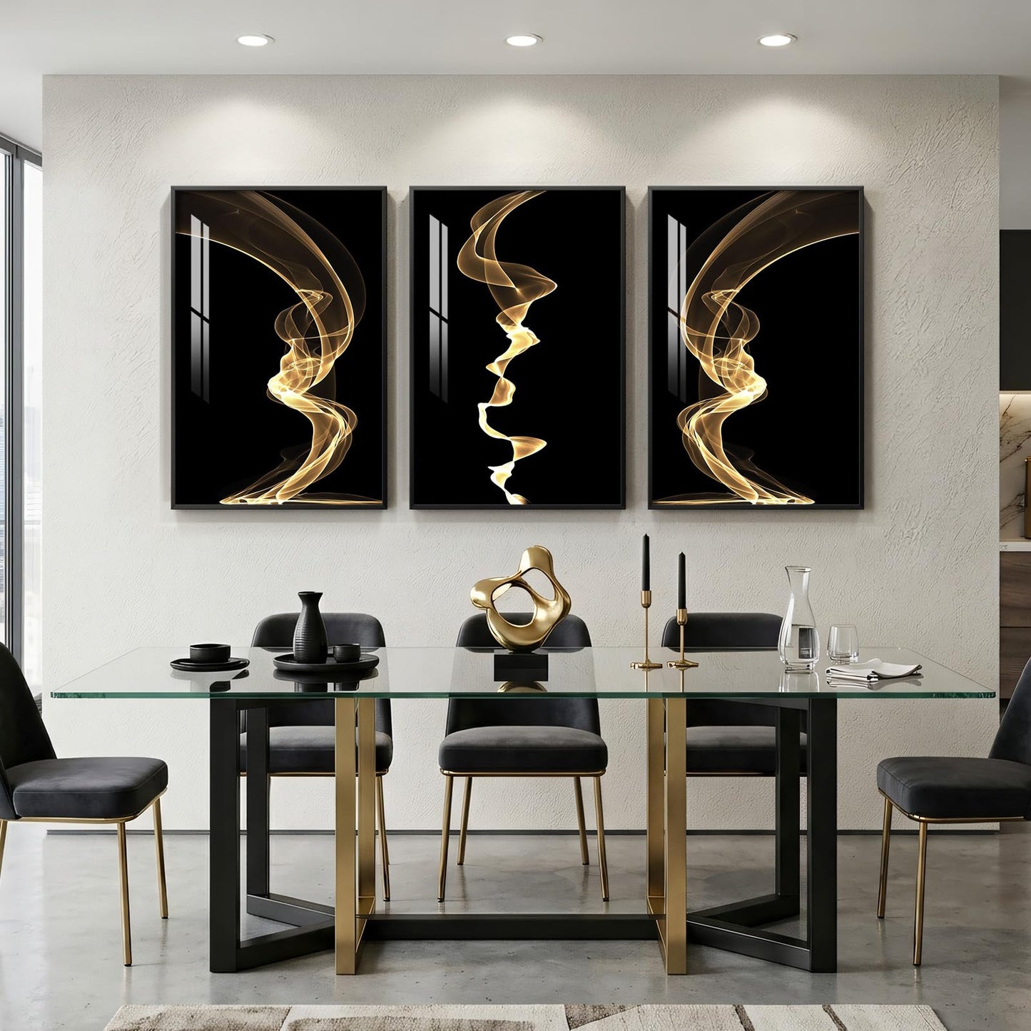 3 Piece Large Framed Abstract Wall Art for Living Room, Black and Gold Modern Artwork for Walls, Contemporary Luxury Bright Style Pictures Prints Paintings for Hallway Office Wall Decor 24x36 Inch