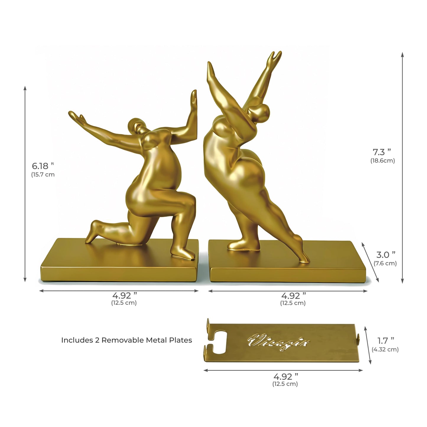 Decorative Bookends Set of 2 – Modern Sculptural Art Book Ends with Adjustable Magnetic Phone & Tablet Holder – Premium Resin with Metal Plate – Contemporary Home & Office Decor – Metallic Gold