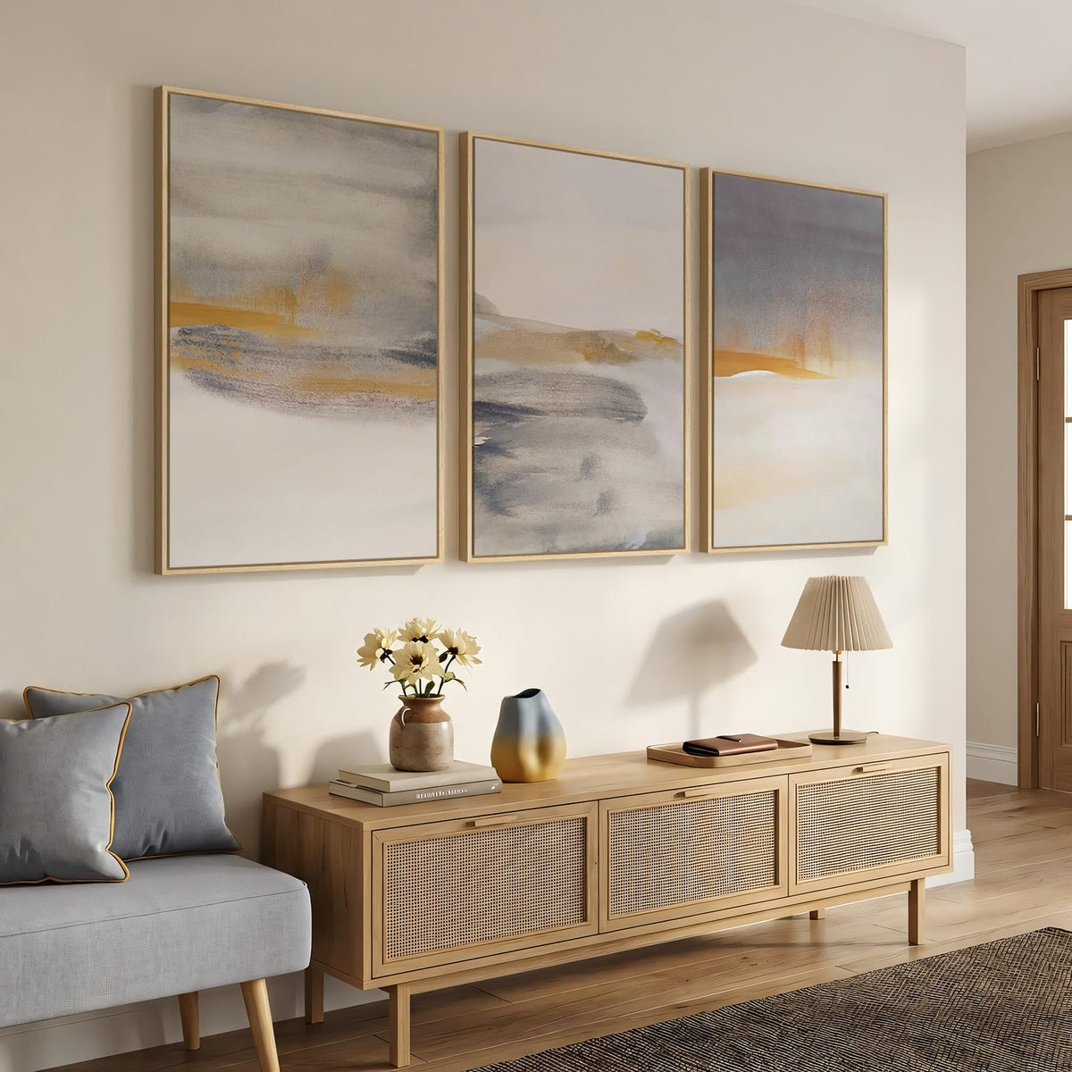 Framed Large Neutral Abstract Wall Art, Set of 3 Canvas Modern Prints Paintings, Minimalist Landscape Beige Gray Picture Artwork Decor for Living Room Bedroom Office 24x36 Inch