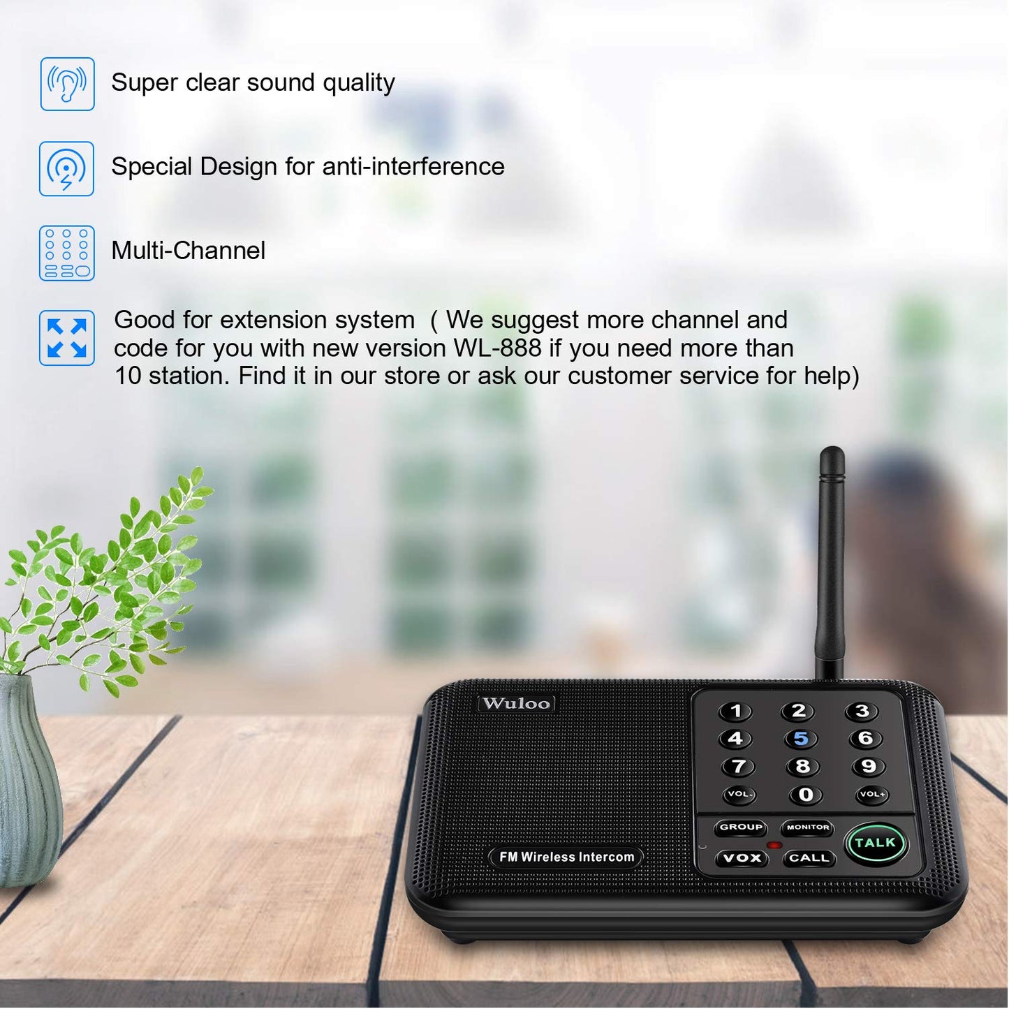 Wuloo Intercoms Wireless for Home 5280 Feet Range 10 Channel 3 Code, Wireless Intercom System for Home House Business Office, Room to Room Intercom, Home Communication System (4 Units Set, Black)