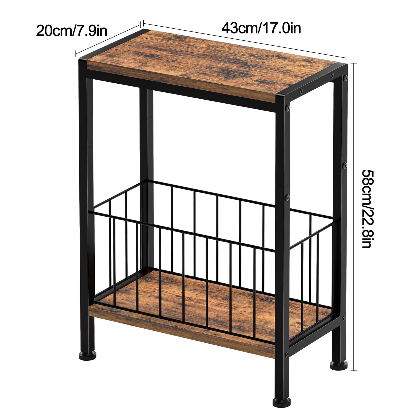 Lifenite Narrow Side Table, Skinny End Tables with Magazine Holder, Small Sofa Table for Small Spaces, Space-Saving Design, Slim Nightstand Bedside Table for Living Room, Bedroom, Office, Rustic Brown