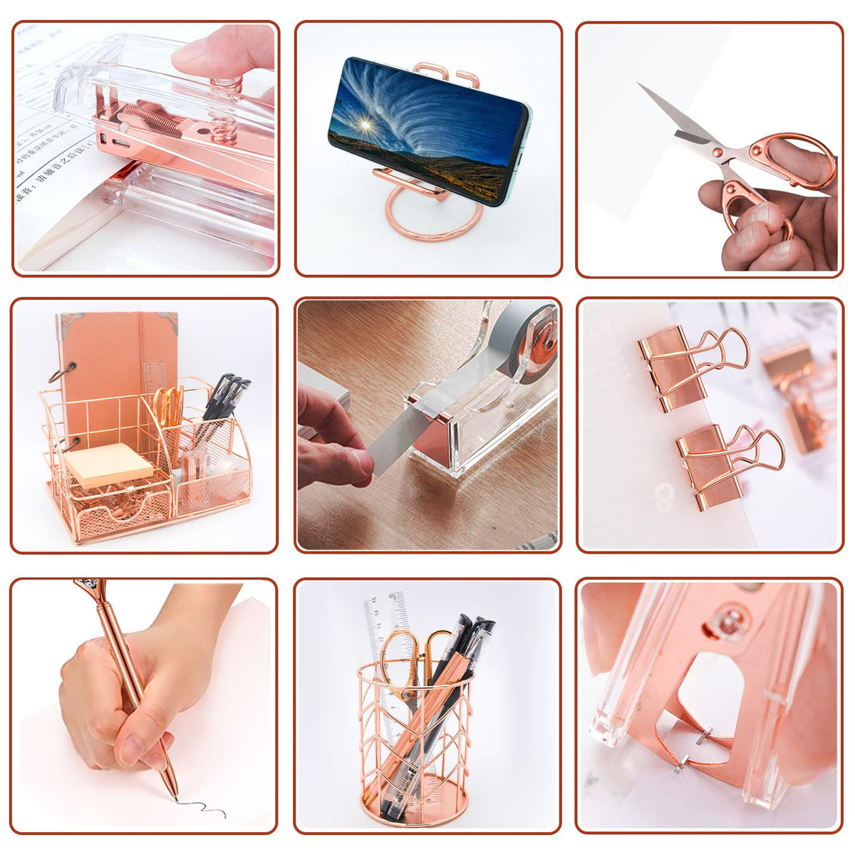 YOLOZAI Office Desk Organizers, Rose Gold 13PCS Office Supplies and Accessories Desk organizer, Acrylic Stapler, Staple Remover, Clips, Scissor, Phone Holder, Pen, Pen Holder (Rose Gold)