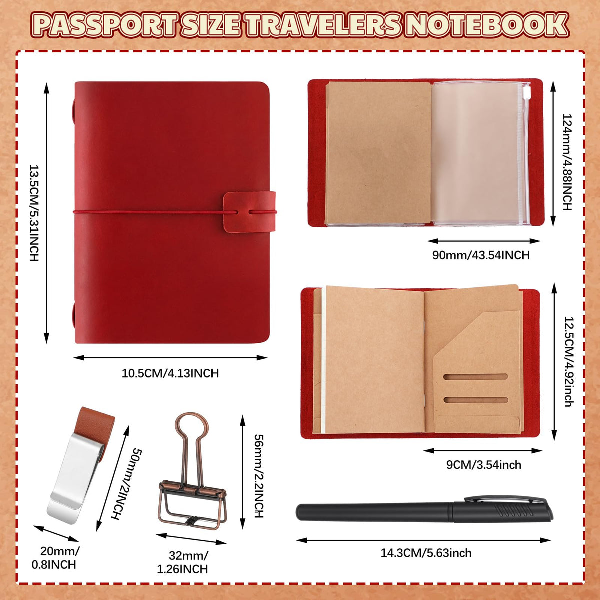 Thenshop Travelers Refillable Leather Journal Notebook Travel Diary Handmade Passport Travelers Journal for Men and Women with 3 Notebook Inserts, Pen Holder, Binder Clip(Wine Red,Passport Size)