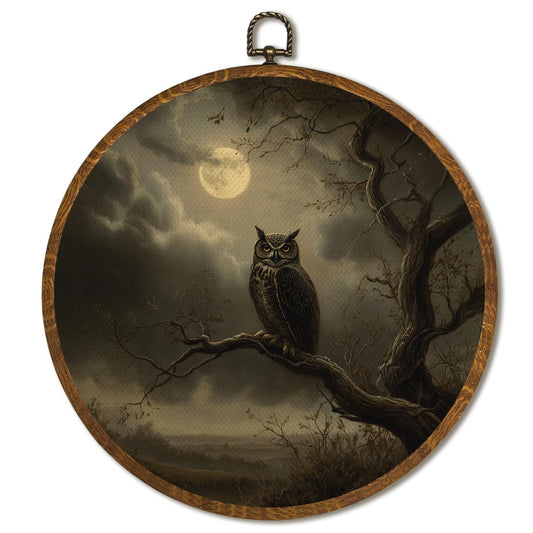 Vintage Owl Wall Art Decor 10x10 Inch Framed - Dark Moody Forest Gothic Decor, Aesthetic Home Art for Living Room, Mystical Moon Owl Circular Wall Decor, Neutral Retro Artwork
