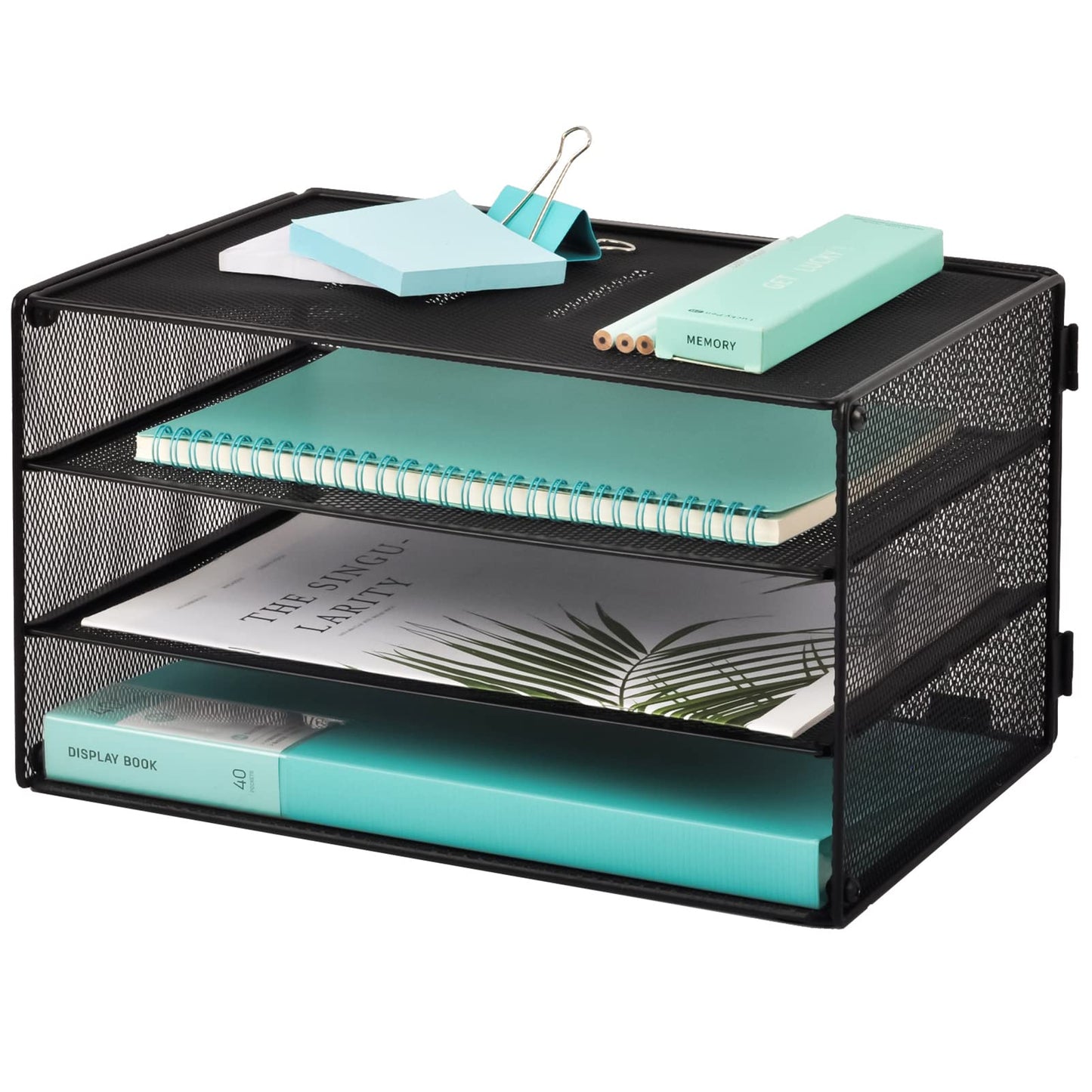 EASEPRES 3 Tier Mesh Desk Organizer Tray, File Paper Letter Folder Holder Desktop Paper Sorter Mail Organization Rack Storage Accessories, for Office Home School Classroom, Black