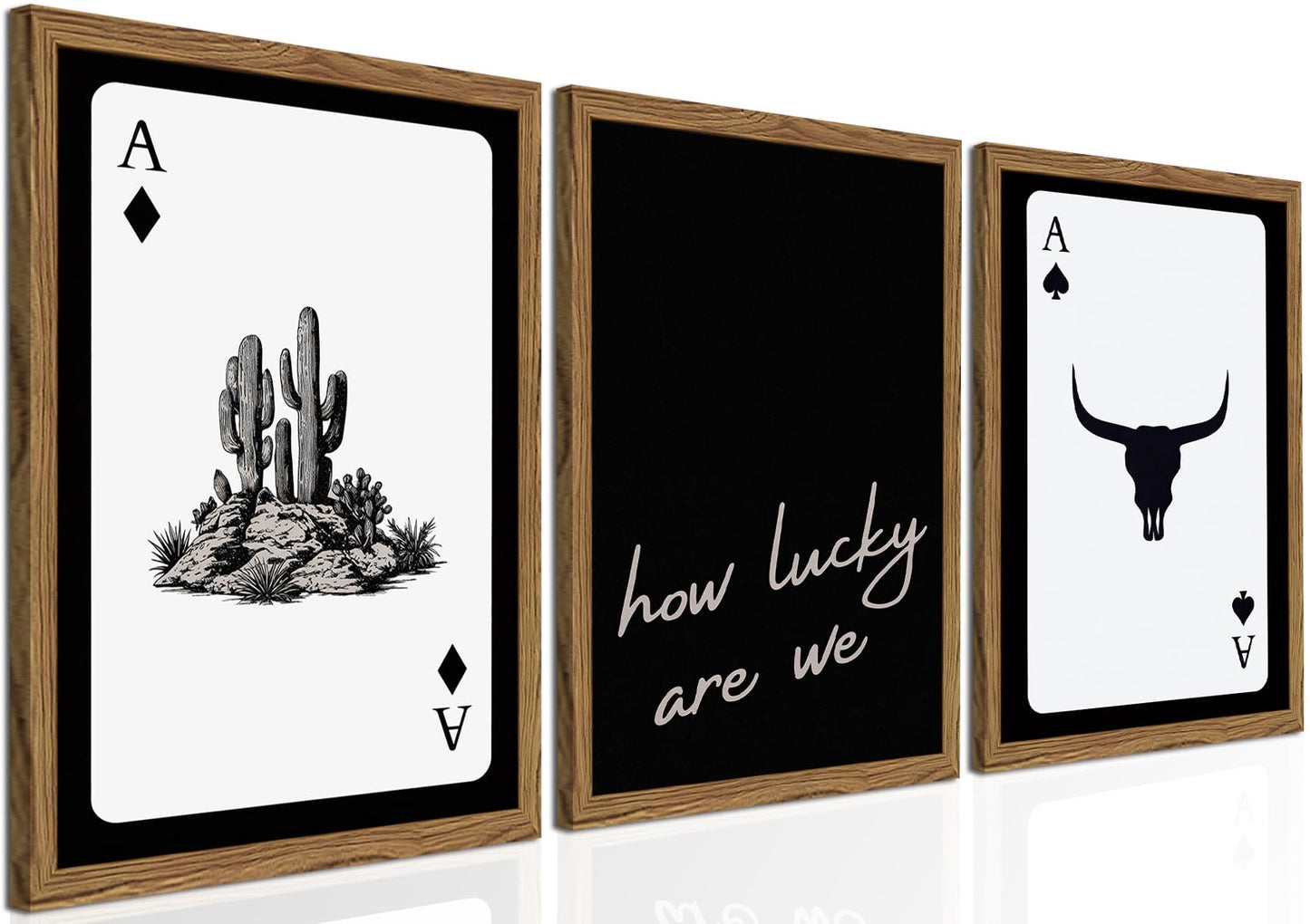 Western Wall Art Set of 3, Southwestern Cowboy Playing Card Wall Decor, Longhorn Bull Skull and How Lucky are We Poster Canvas Painting Prints for Bedroom Living Room 12x16 inch Wood Framed