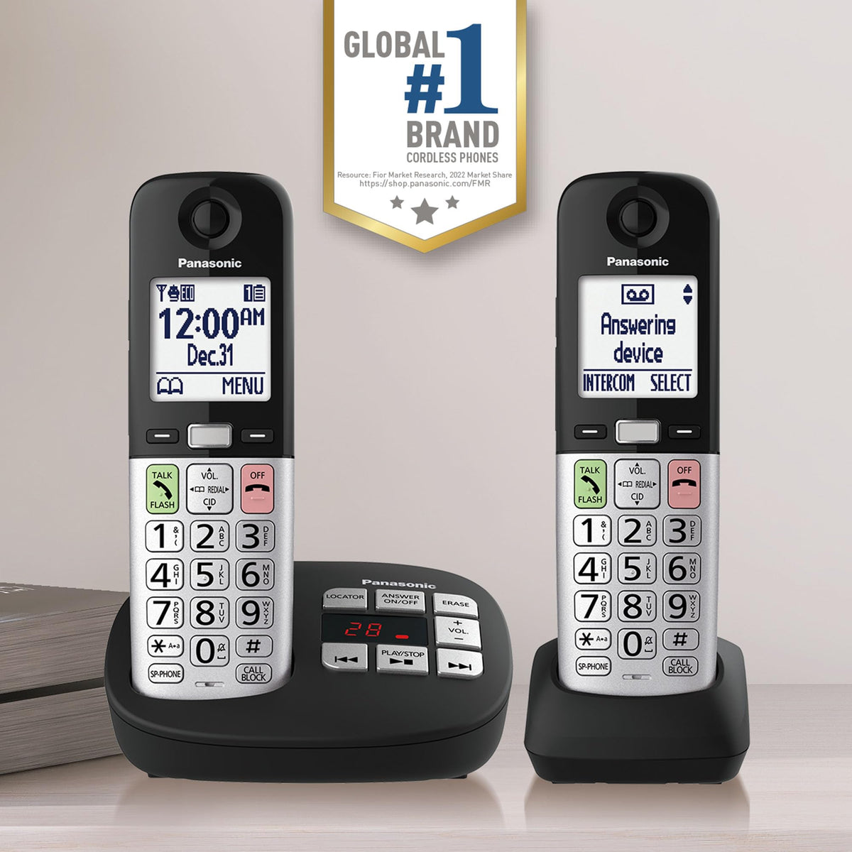 Panasonic Cordless Phone, Easy to Use with Large Display & Big Buttons, Flashing Favorites Key, Flashlight, Call Block, Volume Boost, Talking Caller ID, House Phones, 2 Cordless Handsets - KX-TGU432B