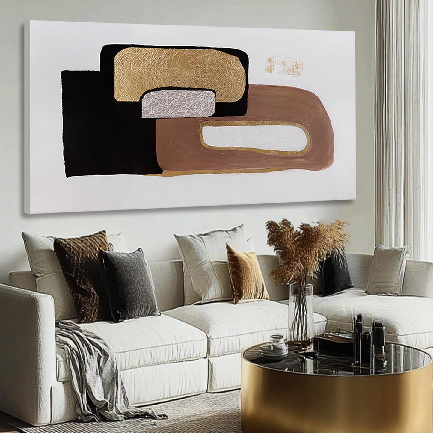 Framed Neutral Abstract Wall Art for Living Room Black and Gold Pictures Wall Decor Geometric Block Art 29"x 58" Big Painting for Bedroom Office