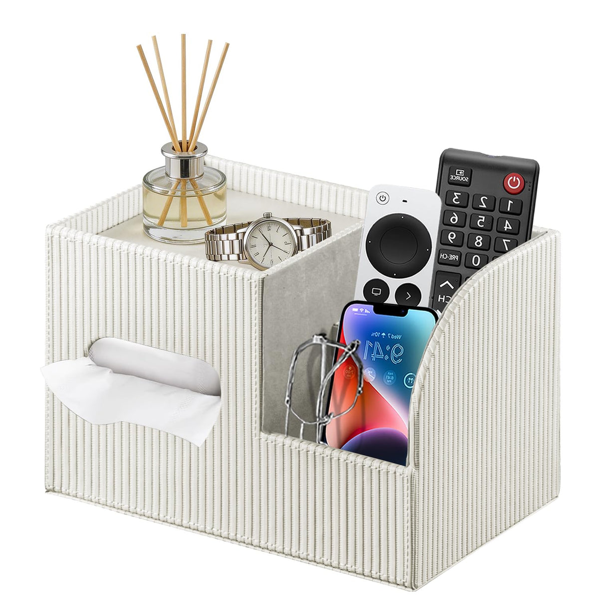 Fanousy Modern PU Leather Cube Tissue Box Cover with Storage Tray, Multifunctional Remote Control Holder & Facial Tissue Dispenser Organizer for Nightstand, Bathroom, Bedroom, Office & Home Decor