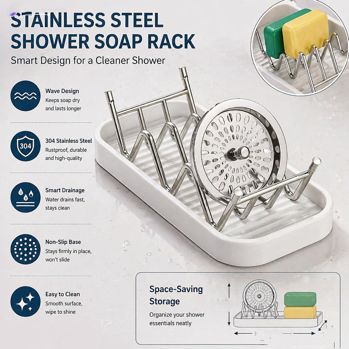 Bar Soap Holder with Removable Drip Tray,Rustproof SUS304 Stainless Steel Soap Dish for Shower Bathroom Countertop, Non-Slip Wave Bar Saver for Shampoo Soap Sponge, White
