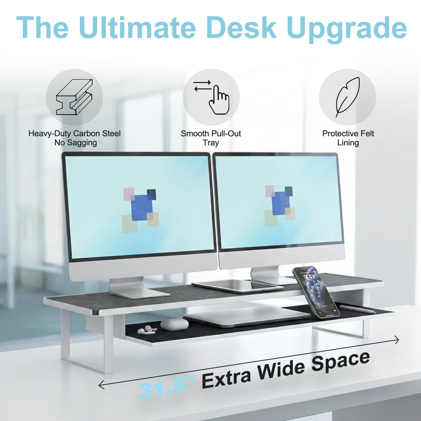 ERGO COLLECT Carbon Steel Dual Monitor Stand Riser, 31.5 Inch Extra Wide & Thick Heavy Duty 2 Tier Desktop Organizer with Pull Out Storage Drawer, Ergonomic Desk Stand for Curved & Gaming Monitors Home Office