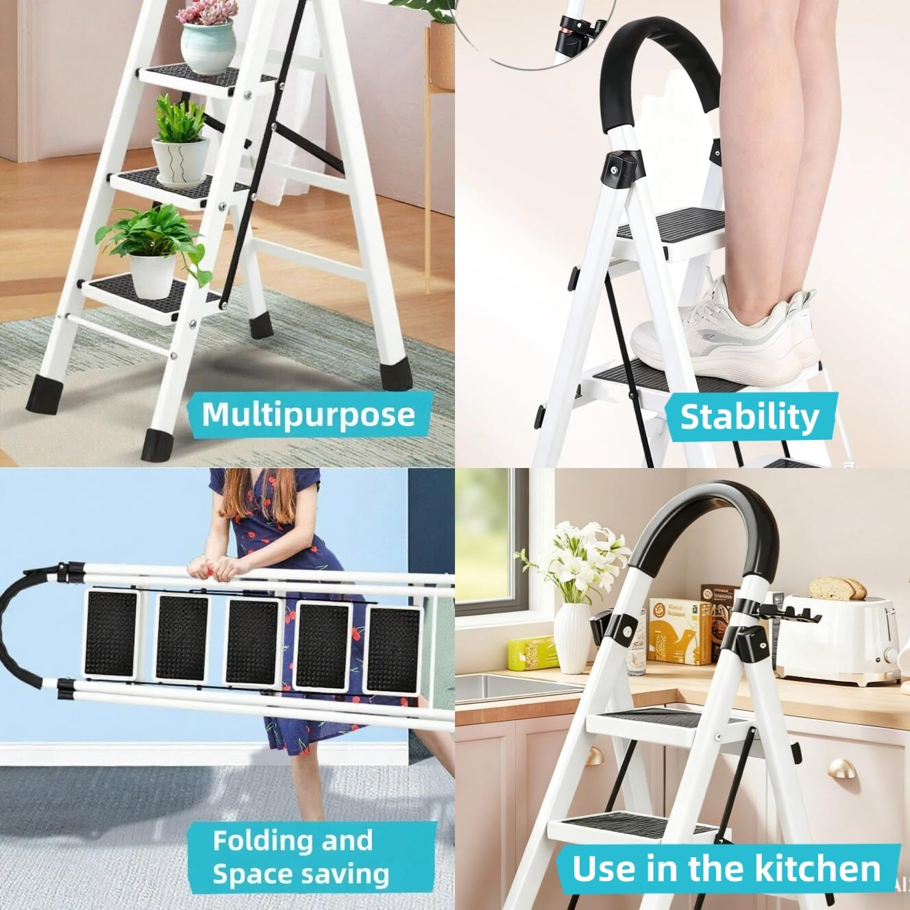 4 Step Folding Ladder, Portable and Compact, Anti-Slip Multi-Use Household Step Ladder for Home, Kitchen, Office, and Garage – Easy Storage, Sturdy and Durable