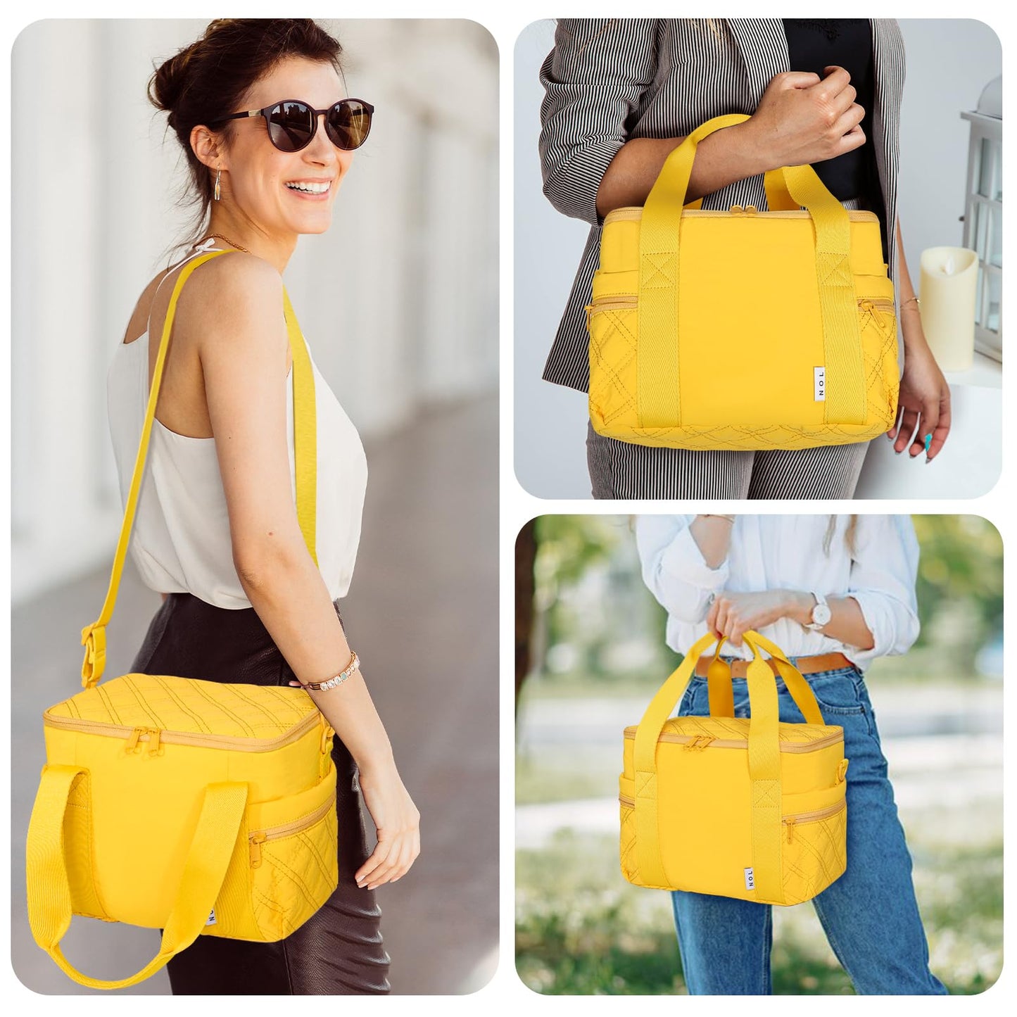 NOL Natural Organic Lifestyle Women's Nylon Lunch Cooler Cute Quilted Lunch Bag Large Leakproof Insulated Lunch Tote Bag for Work Picnic Travel,Earth-yellow
