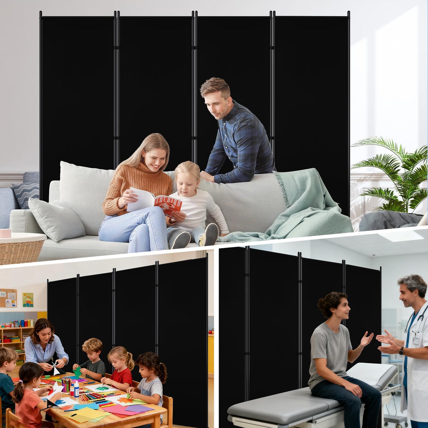 AKTOP 4 Panel Room Divider, 6FT Portable Wall Divider for Room Separation, 88"W Fabric Partition Room Dividers and Folding Privacy Screens, Freestanding Room Separators for Home Office Bedroom, Black