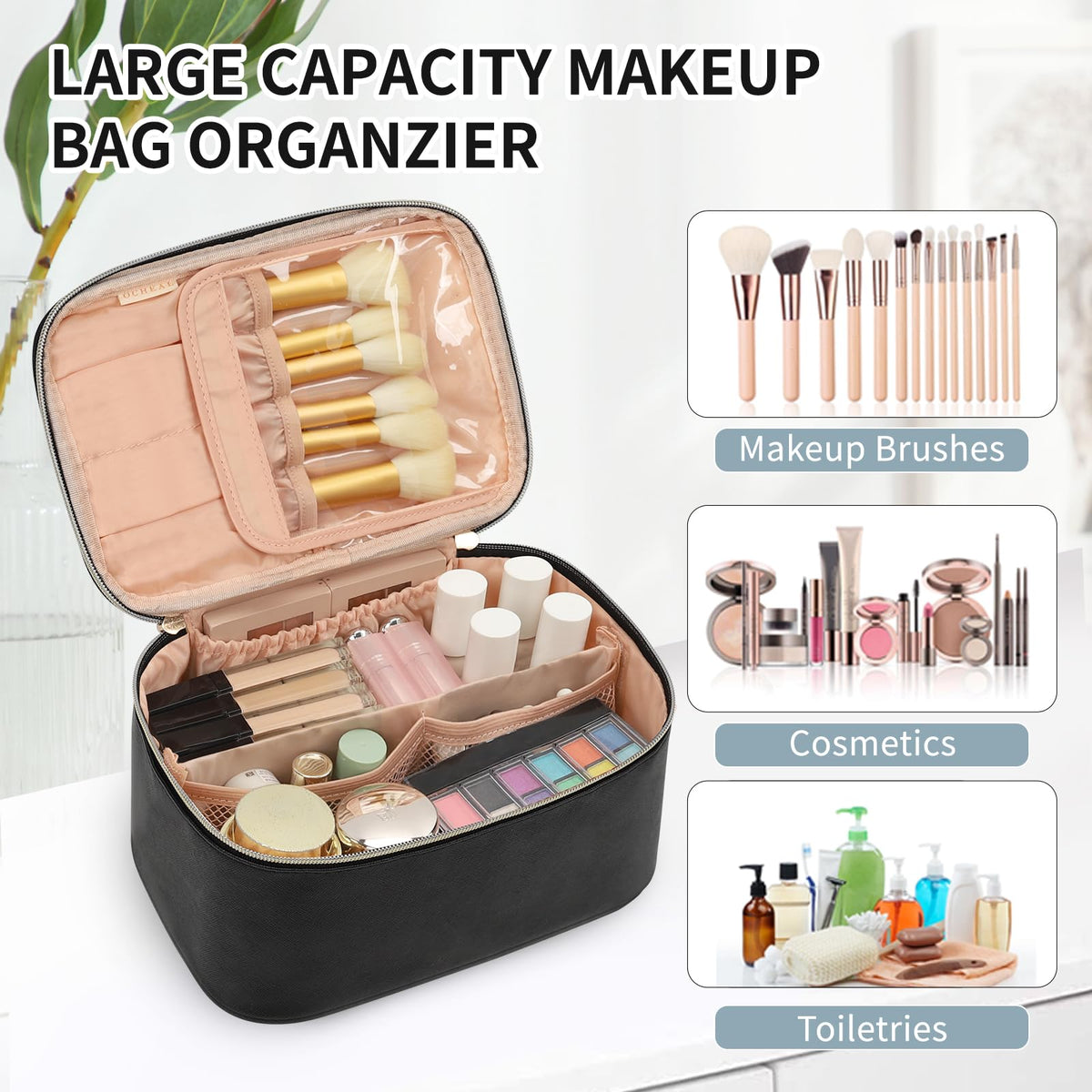 OCHEAL Makeup Bag, Portable Cosmetic Bag, Large Capacity Travel Makeup Case Organizer, Black For Women Toiletry Bag for Girls Traveling With Handle and Divider