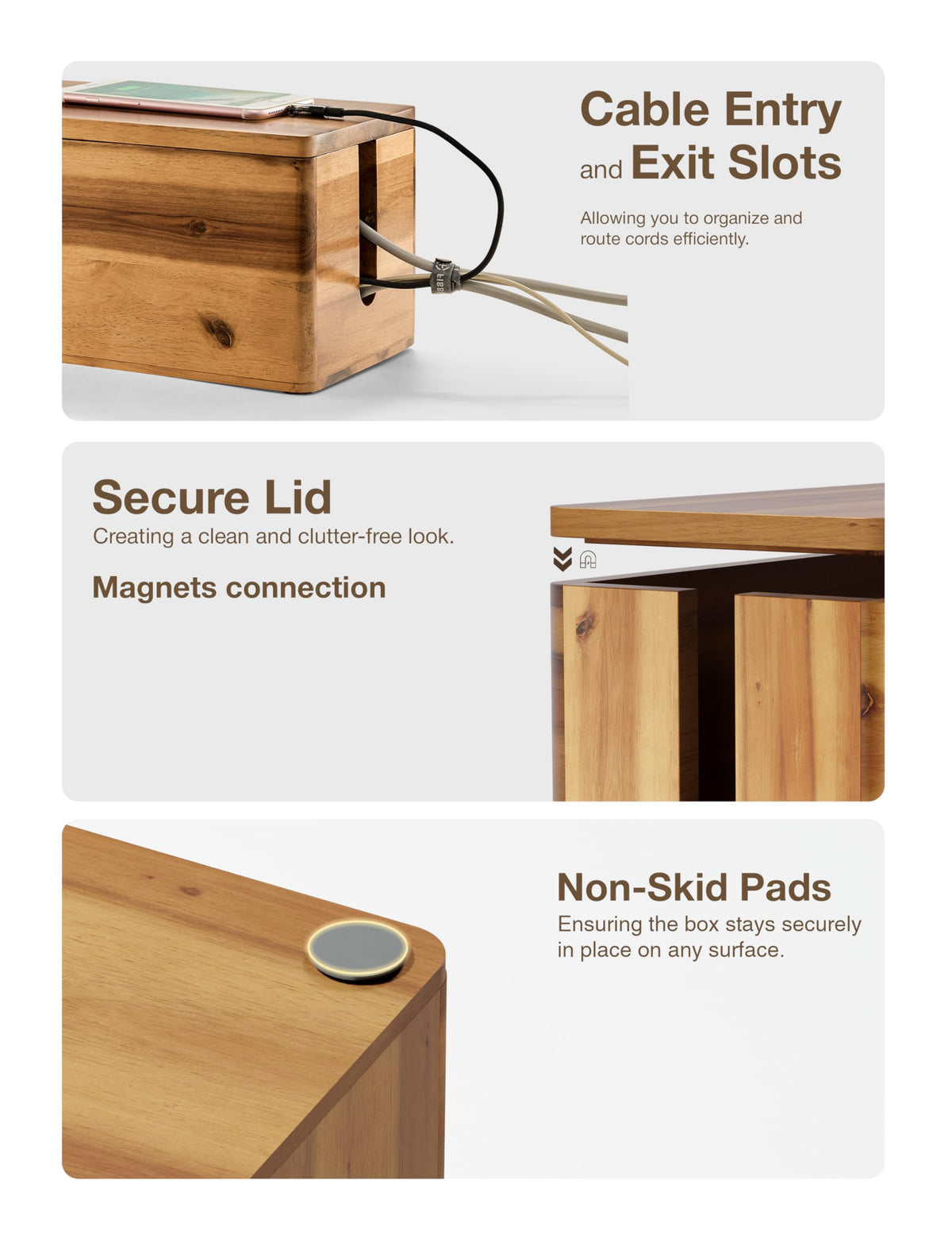 TIDITA Acacia Wood Cable Management Box Round Edge - 16" L Wooden Cable Organizer Box for Electrical Hiding Cord Management - Power Strip Hider Cable Storage Box for Office, Router Wires, Under Desk