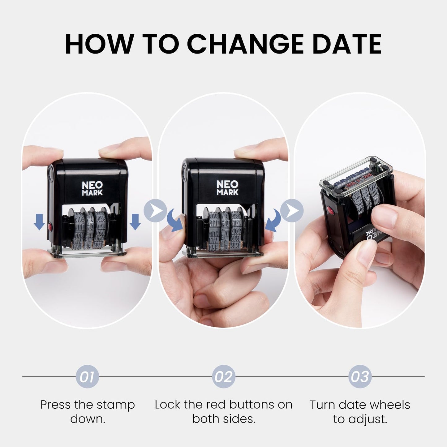 NEO MARK Self-Inking Date Office Stamp with Scanned Blue Ink & Date Red Ink, 12-Year Adjustable Rubber Dater, Ideal for Documents, Business & Accounting - with an Extra Refill Ink Pad