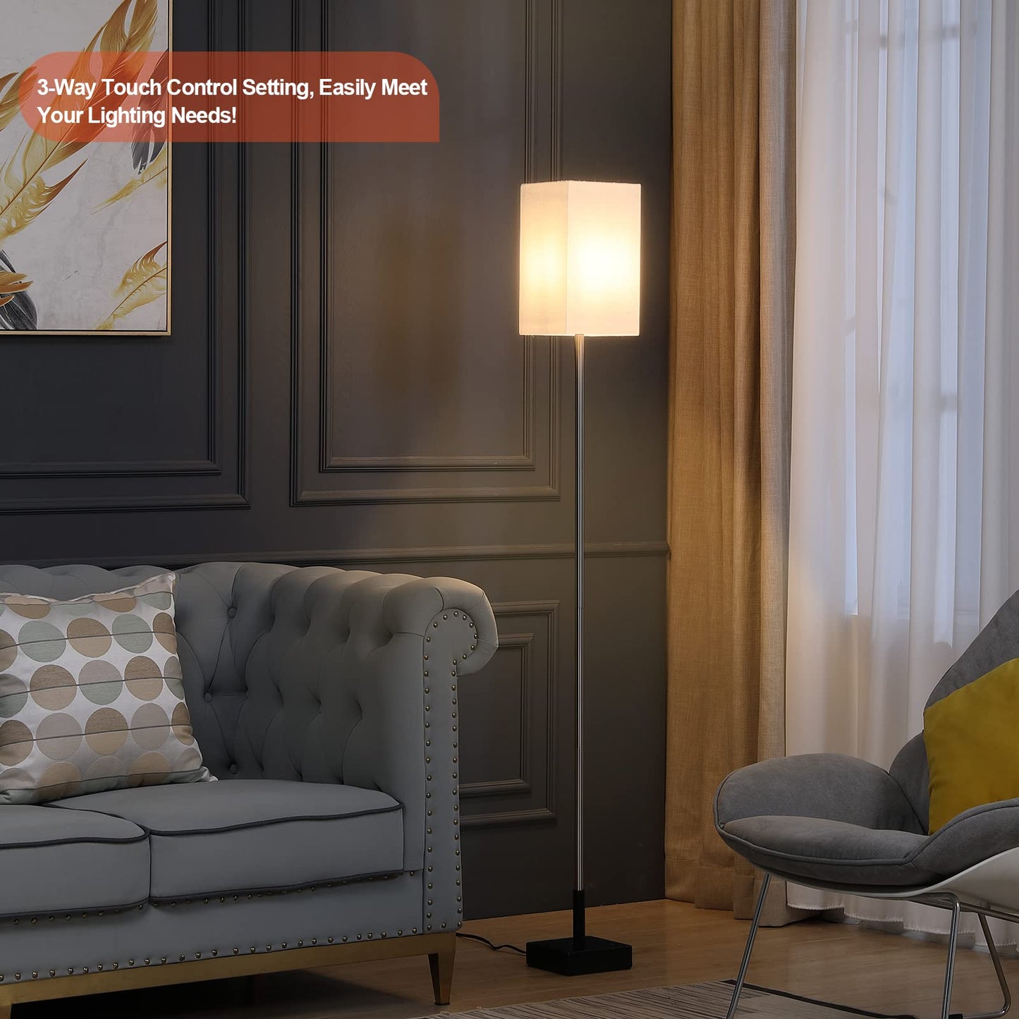 FIGDIFOR Floor Lamp, 3-Way Touch Control Dimmable Standing Lamp with Sturdy Marble Base, Brushed Nickel Touch Floor Lamp Tall Lamp with Square Linen Shade for Living Room, Bedroom, LED Bulb Included